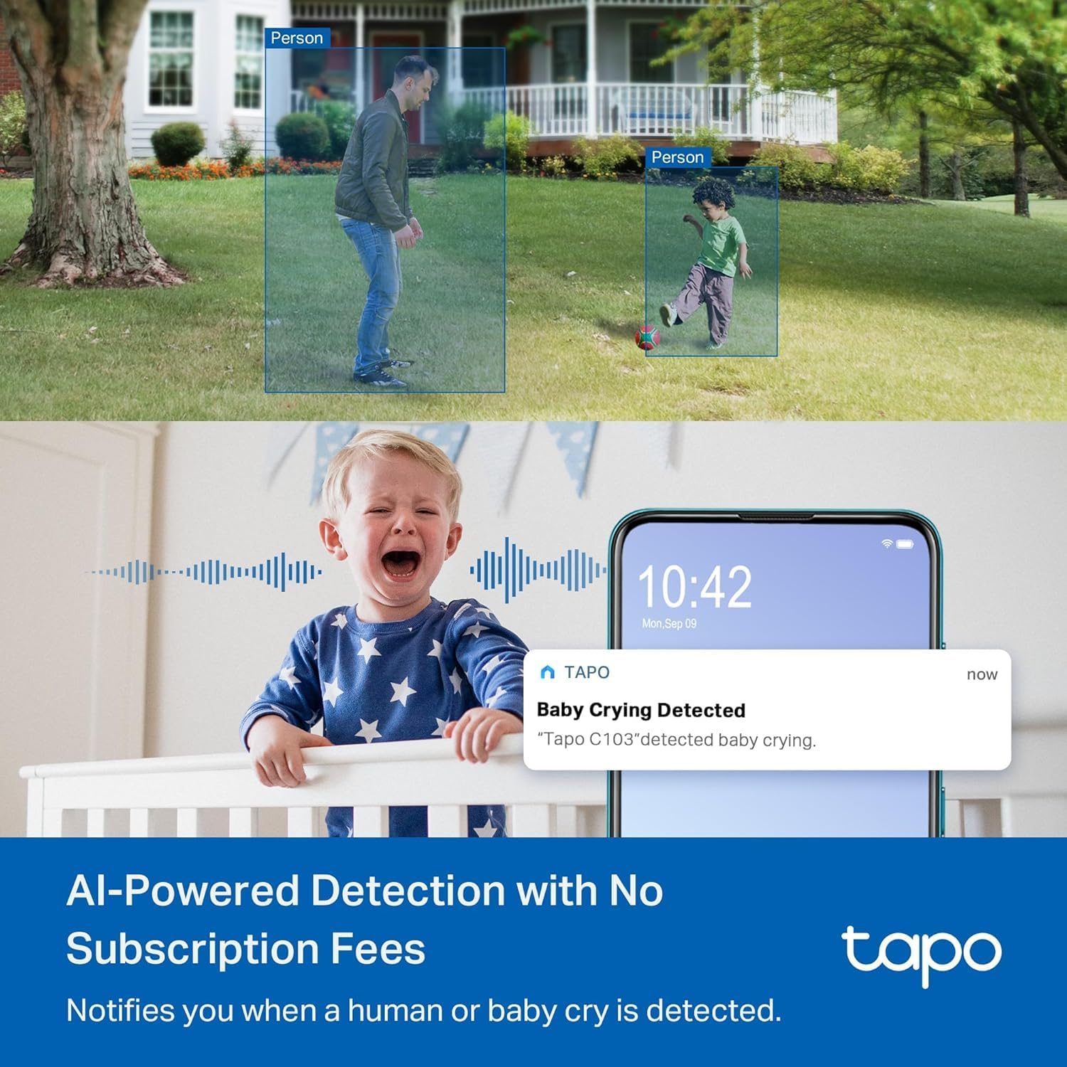 Tapo 2K 3MP Pan/Tilt Indoor/Outdoor Security Camera, Free Person/Baby Cry Detect & Motion Track, 360° View, Color Night Vision, SD/Cloud Storage, Works w/Alexa & Google Assistant, HybridCam 360