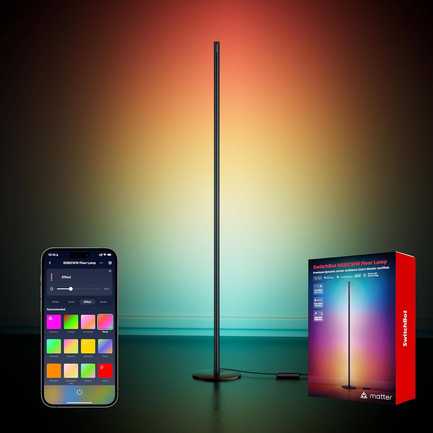 SwitchBot Smart Floor Lamp RGBICWW Voice/App Controlled Works with Alexa, Apple Home & Google, Matter, Warm & Cool White, 1200lm Music Sync, Lamp for Living Room for Bedroom — Christmas/Holiday décor