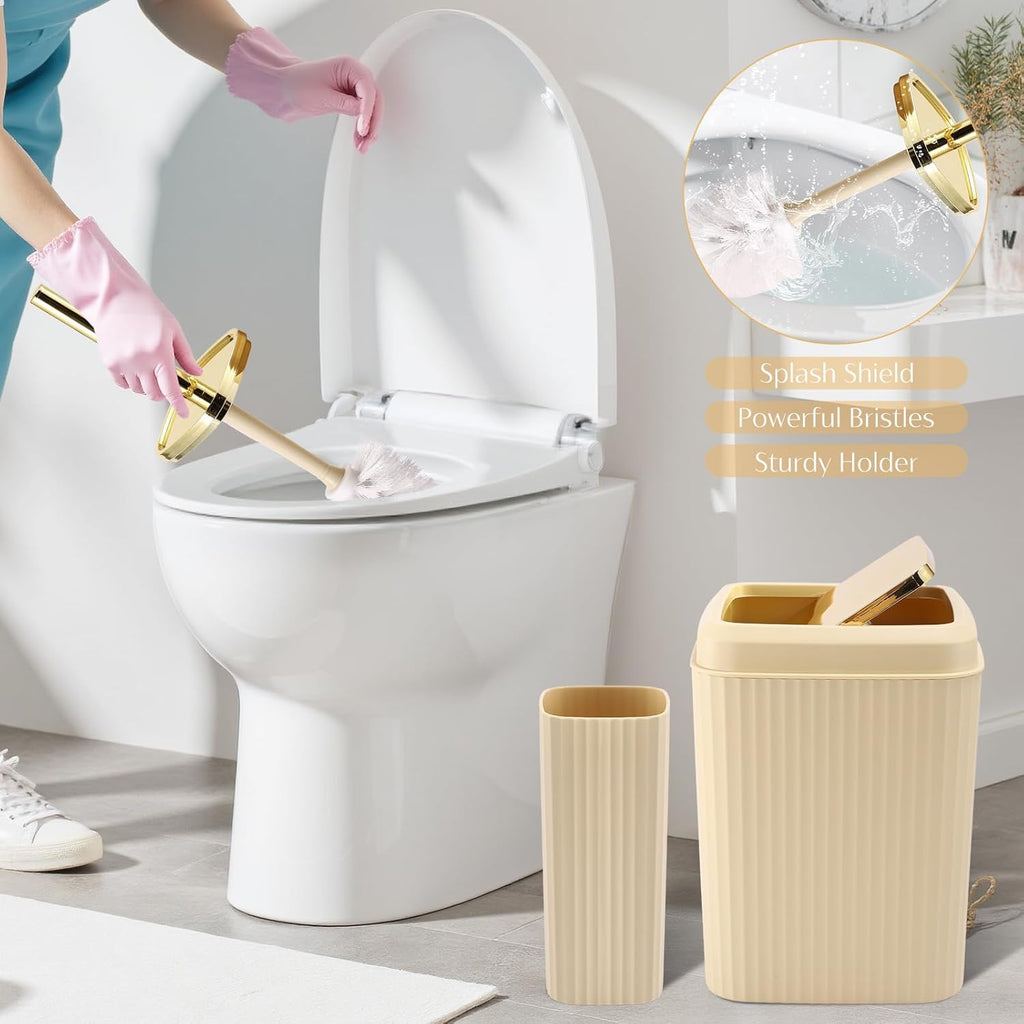 17PCS Bathroom Accessory Set Bathroom Set Beige Bathroom Accessories,Toilet Brush, Trash Can, Qtip Holder Dispenser& 3PCS Soap Dispenser
