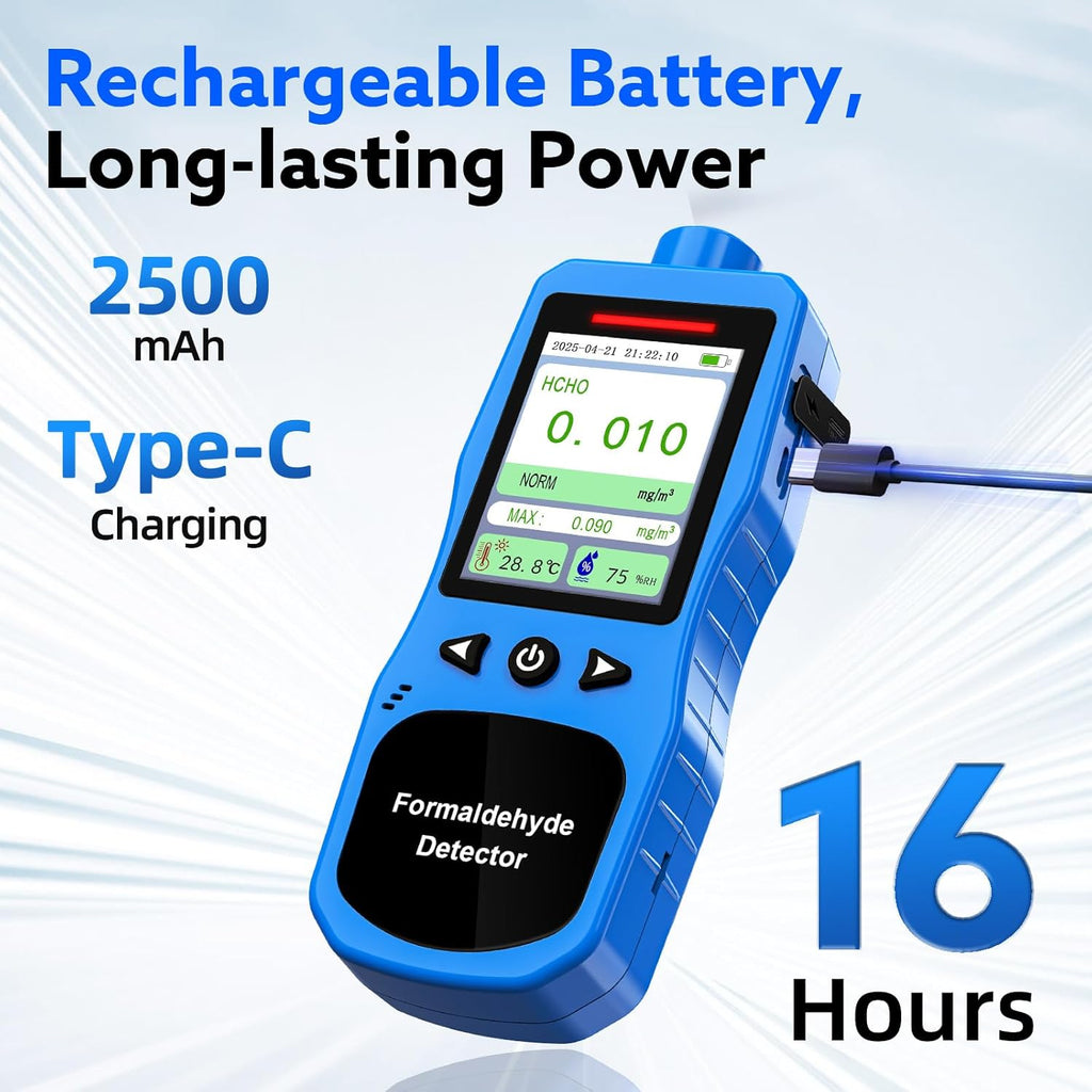 Formaldehyde Detector, Rechargeable HCHO Monitor with Vibration, Visual & Sound Alarms, Temperature Humidity Meter, Formaldehyde Air Quality Tester for Home, Work