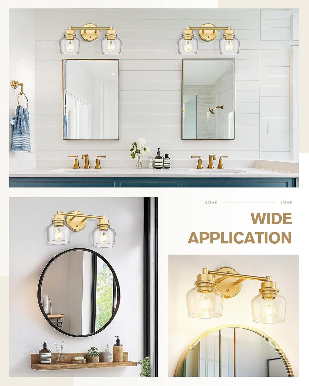 Emak Gold Bathroom Light Fixtures Over Mirror, 2-Light Bathroom Vanity Light with Clear Glass Shade, Modern Vanity Lights Wall Sconces for Bath, Makeup Desk, Mirror, VL122-GD-CG-2