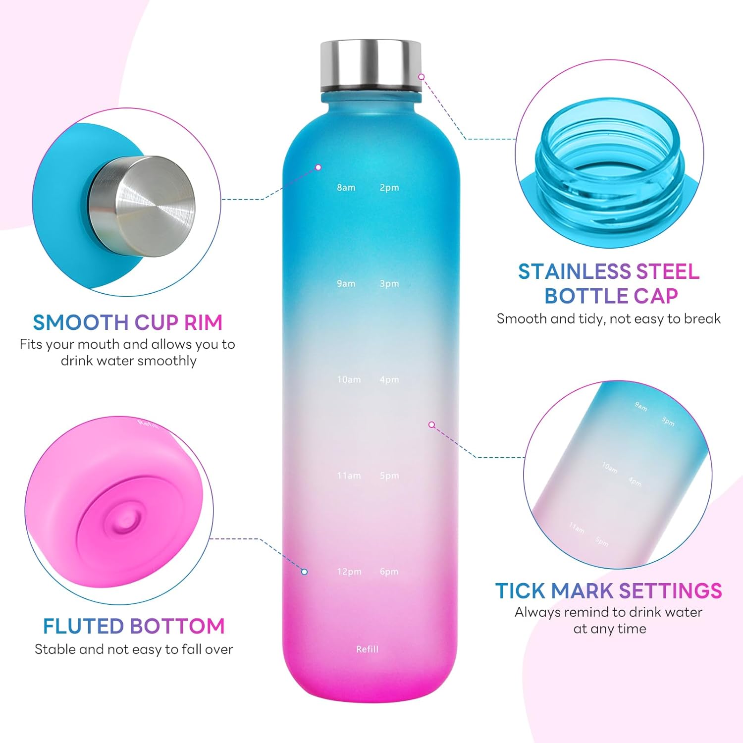 1L（33 oz） daily tracking schedule time hours reminder motivational day goals hydration capacity measured marker tracker plastic wide mouth measurements water bottle