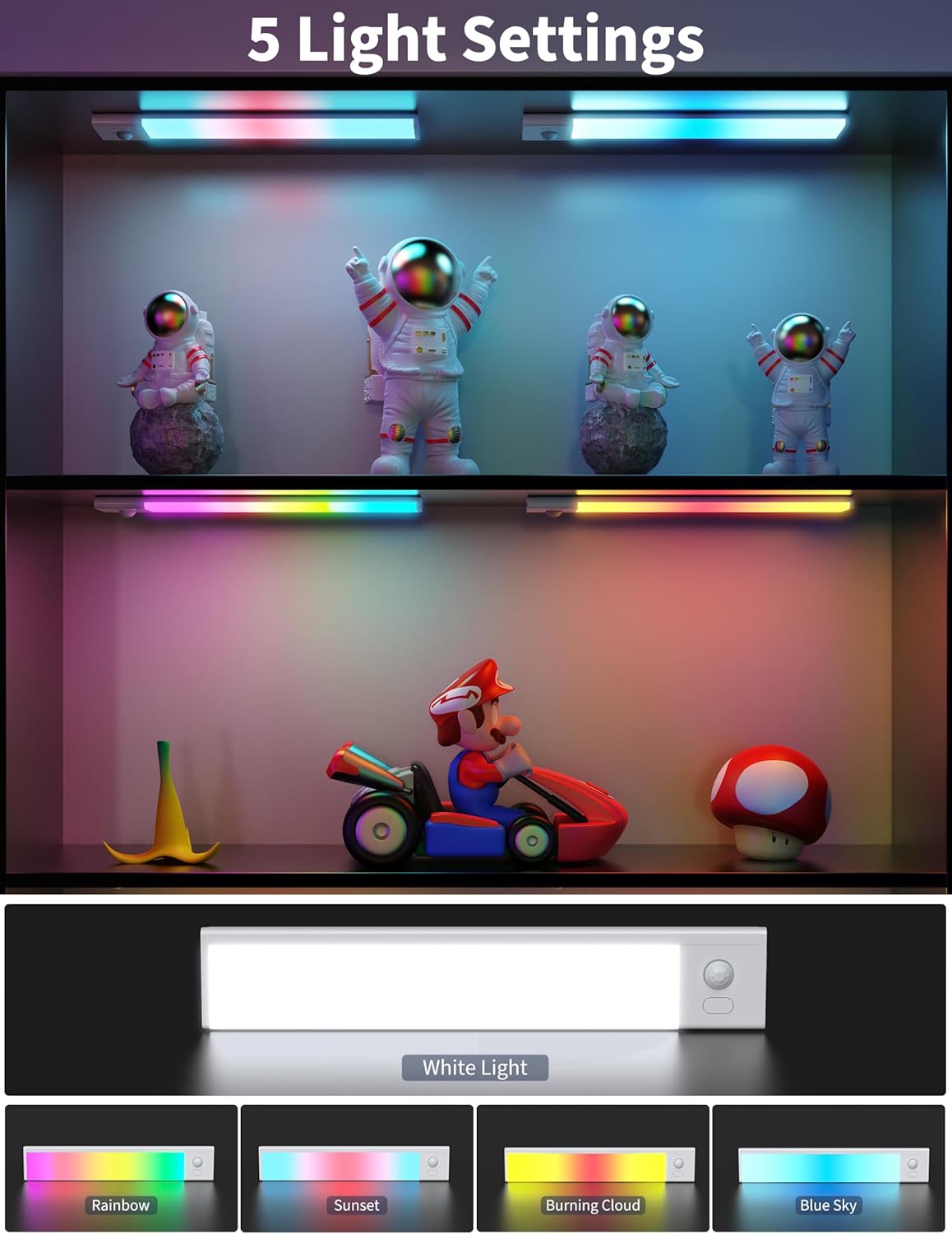 Joyzy Motion Sensor Under Cabinet Lights Rechargeable RGB Ambient Light, 66 LED Closet Lighting with 4 Color Modes and White Light Magnetic Dimmable Under Counter Light Pantry Light (110 Lumen)