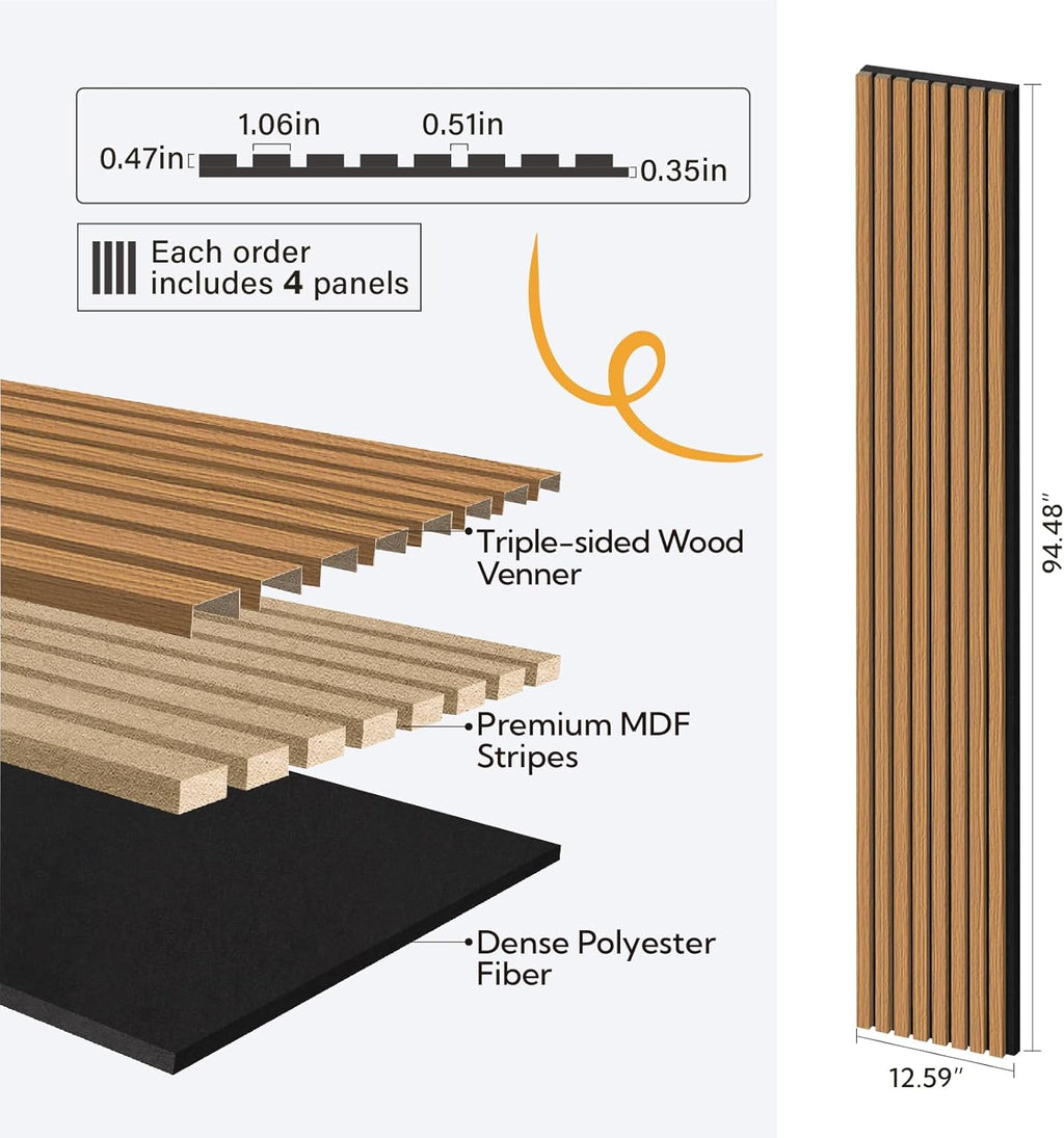 Olanglab Wood Slat Wall Panels 4 Pack, Wooden Acoustic Wall Panels, 94.5"x12.6" Each 3D Wall Panels for Interior Wall Decor (Cherry Toned-Extendo Trio)