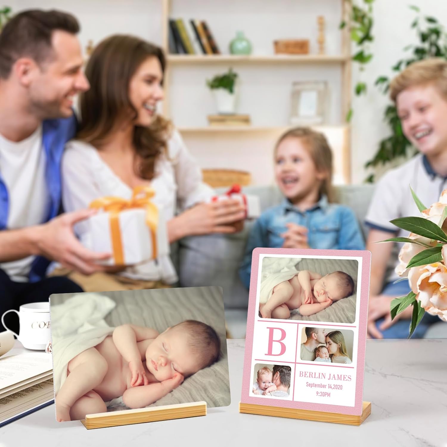 Custom Photo Prints - Metal Desktop Picture Frame with Baby's Photos & Name & Wooden Base Personalized Newborn Memorial Gifts for Family Friends and Lovers, Optional Multiple Sizes