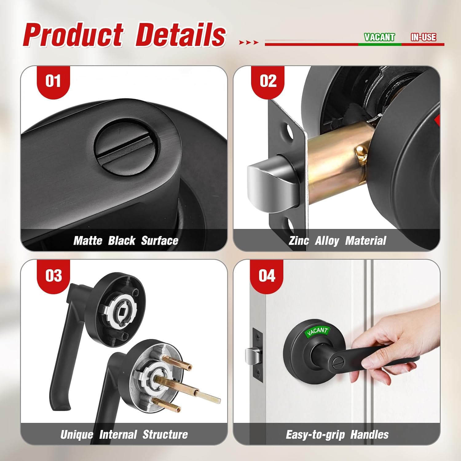 Bathroom Indicator Privacy Door Lock, Vacant Occupied Bathroom Lock, Large Vacant or in-Use Door Handle for All Women Men Restrooms, Ansi Grade 2 Commercial Grade, Black
