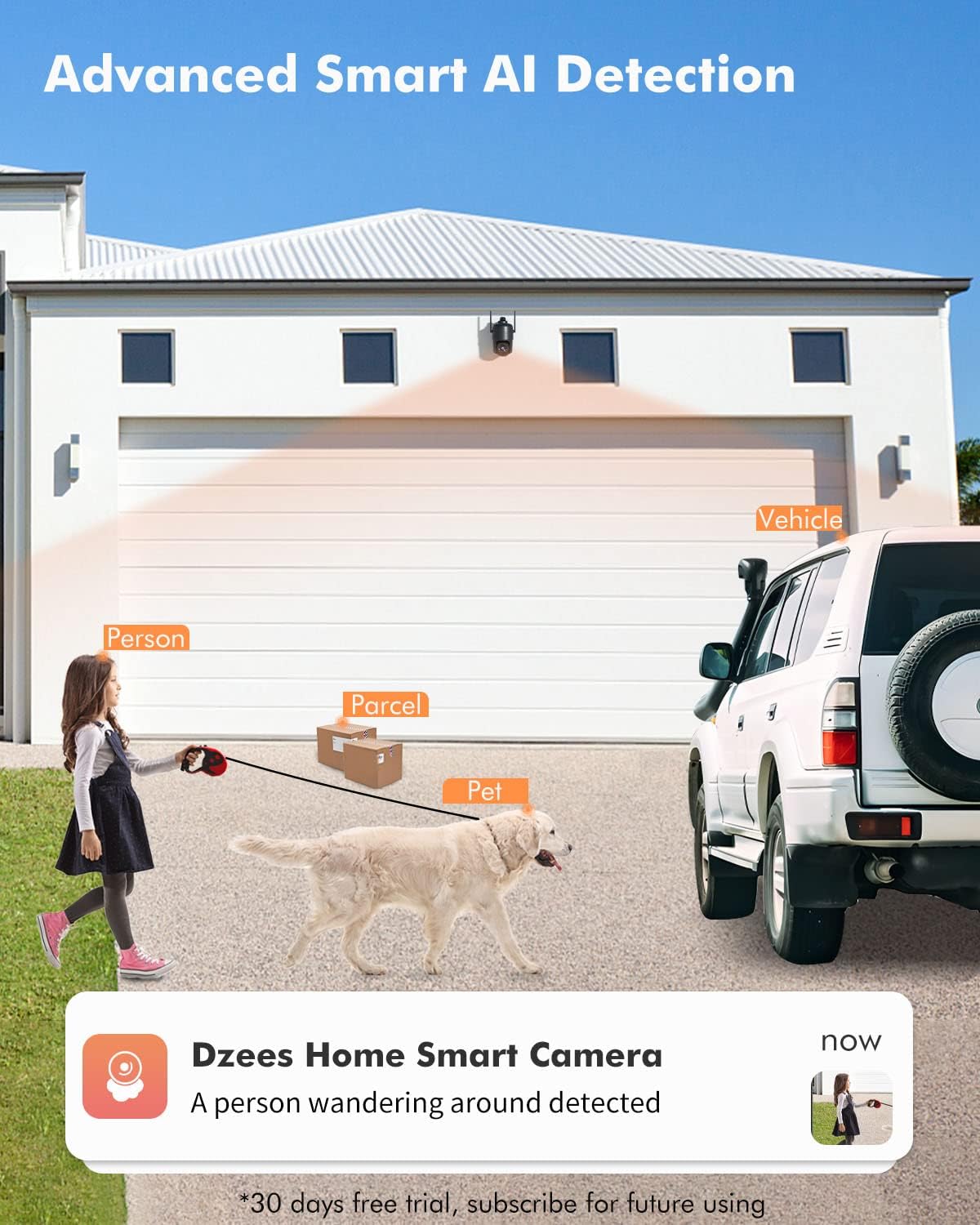 Dzees 360° PTZ WiFi Security Cameras Wireless Outdoor, 2K Battery Powered Home Security Camera Indoor, Spotlight & Siren, Color Night Vision, 2-Way Talk, AI Motion Detection, IP66, Cloud Stroage