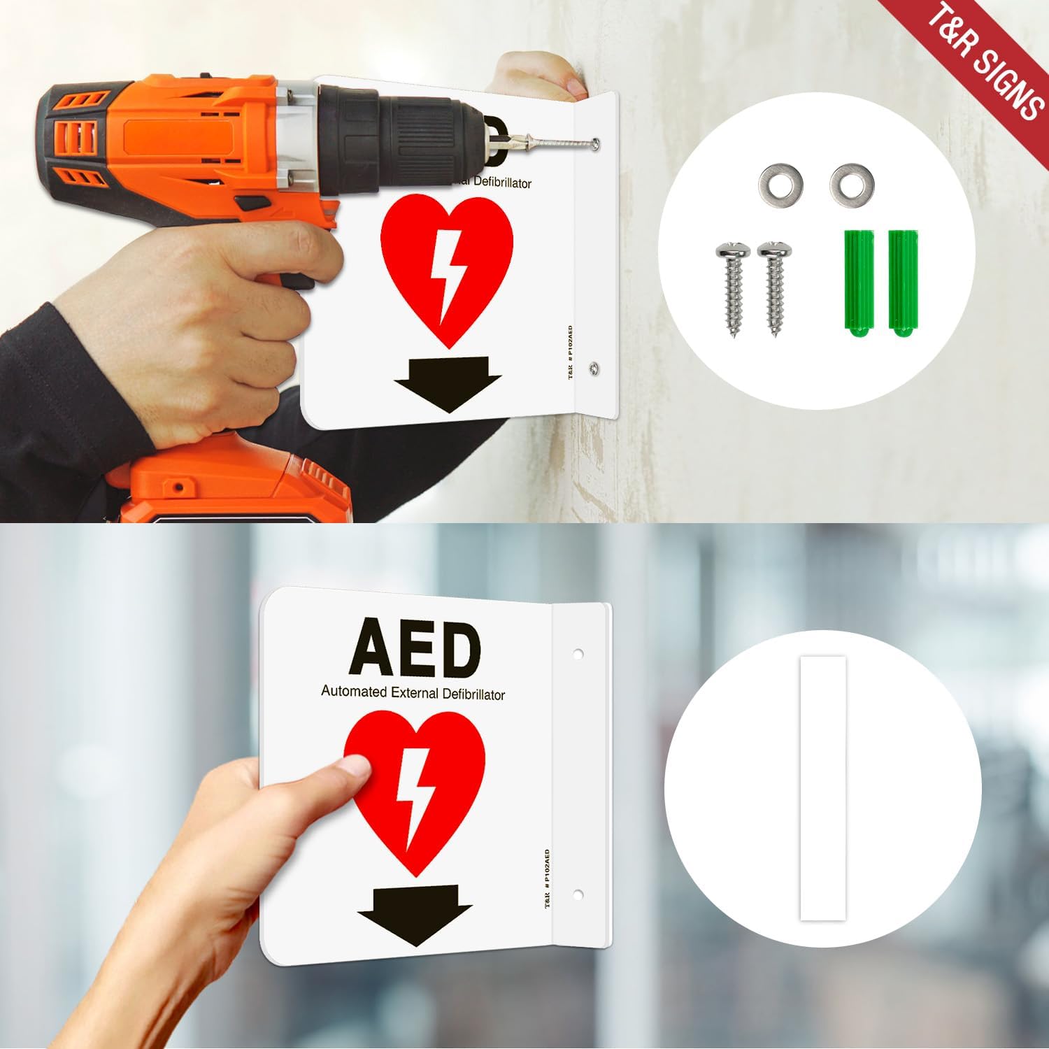 T&R AED Sign, Automated External Defibrillator with Down Arrow - 8 Pack - 6 x 6 Inches Acrylic, 2 pre-drilled holes, Includes Matching Screws, Use for Office/Business
