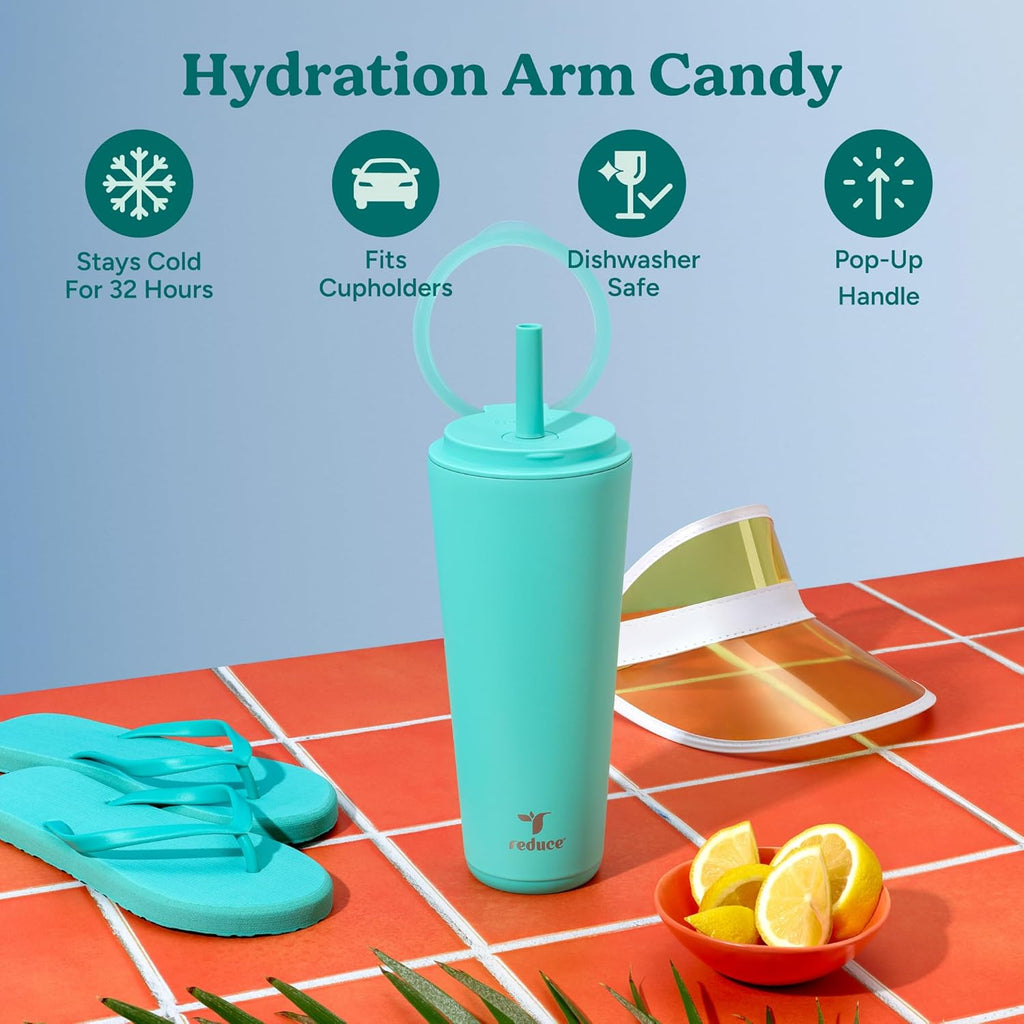 REDUCE Halo 32 oz Stainless Steel Vacuum Insulated Tumbler - Spill Proof Travel Mug with Flip Handle Lid - Keeps Drinks Cold for 32 Hrs - Dishwasher Safe - Cupholder Friendly - Ocean Breeze