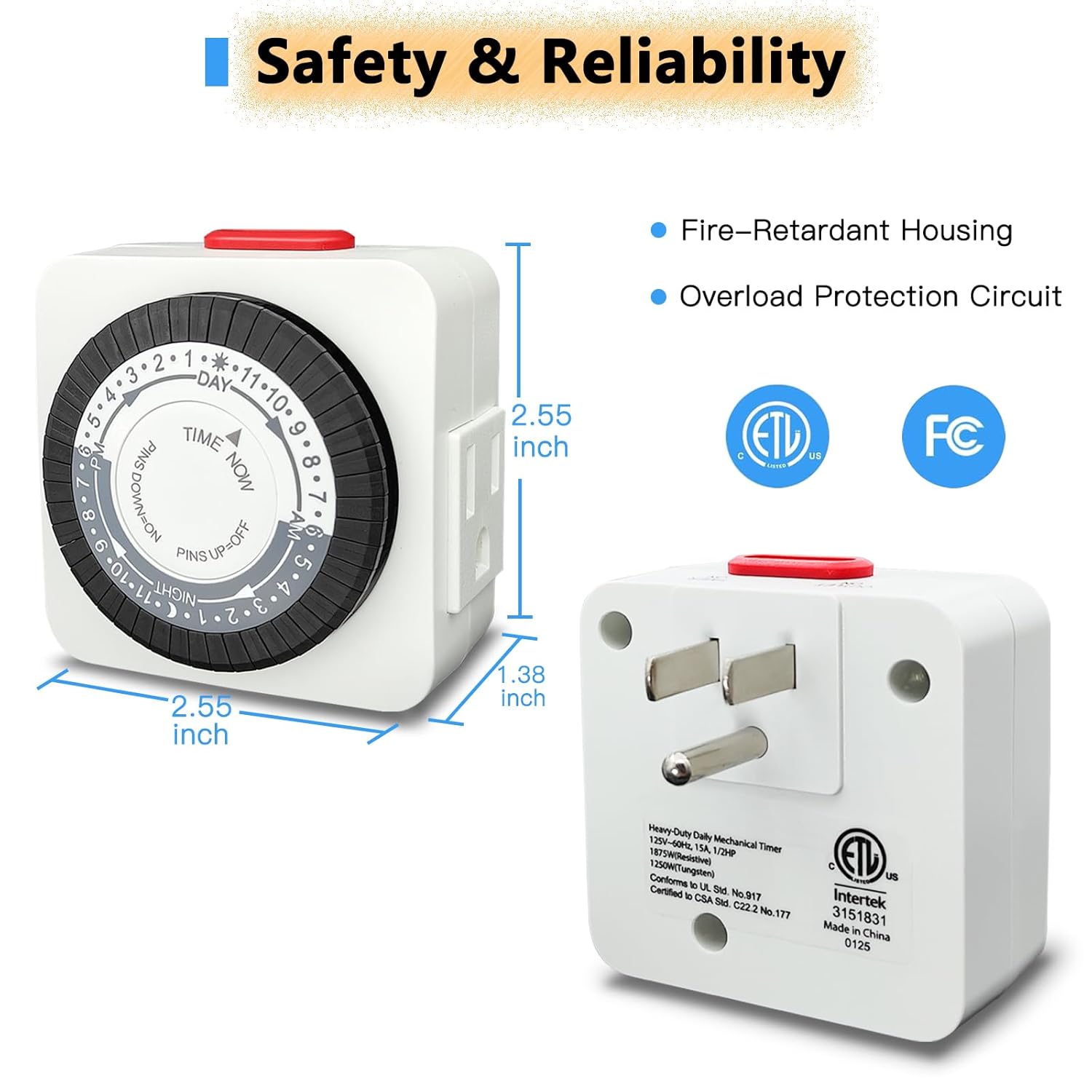 Timers for Electrical Outlets Indoor, 24-Hour Dual Outlet Timer, Christmas Tree Timer Indoor, 3 Prong Light Timers Indoor, Daily Cycle, 125V 15A, ETL Listed, 2-Pack