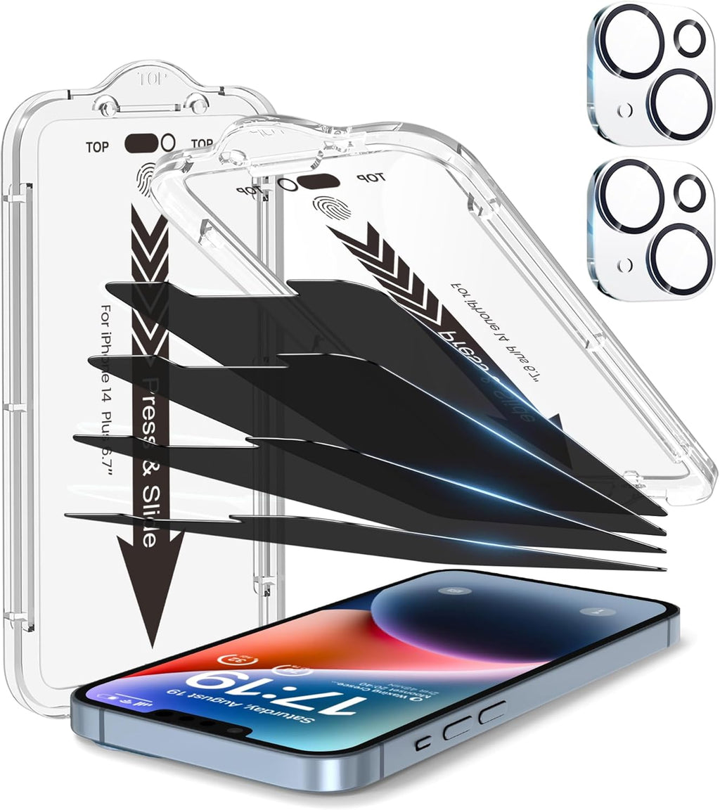 EZ-GLAZ-4+2 Pack for iPhone 14 Plus Privacy Screen Protector[6.7 inches] With Camera Lens Protector, [Drop Protection] 9H Hardness Full Coverage Anti-Spy Tempered Glass Film, Easy to install