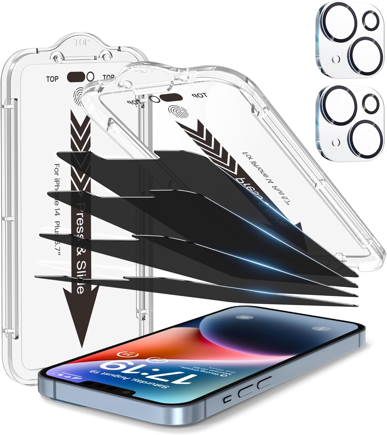 EZ-GLAZ-4+2 Pack for iPhone 14 Plus Privacy Screen Protector[6.7 inches] With Camera Lens Protector, [Drop Protection] 9H Hardness Full Coverage Anti-Spy Tempered Glass Film, Easy to install