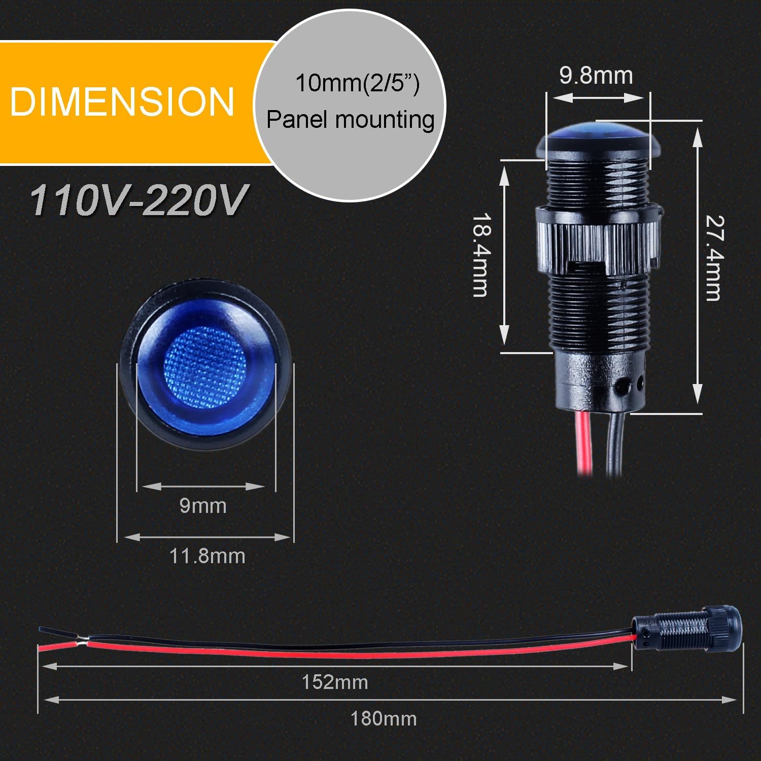 5pcs 10mm LED Indicator Light Plastic Black Signal Dot Lamp 110-220V AC 2/5" Mounting Hole Size with 15cm/5.9in. Wire (Blue LED)