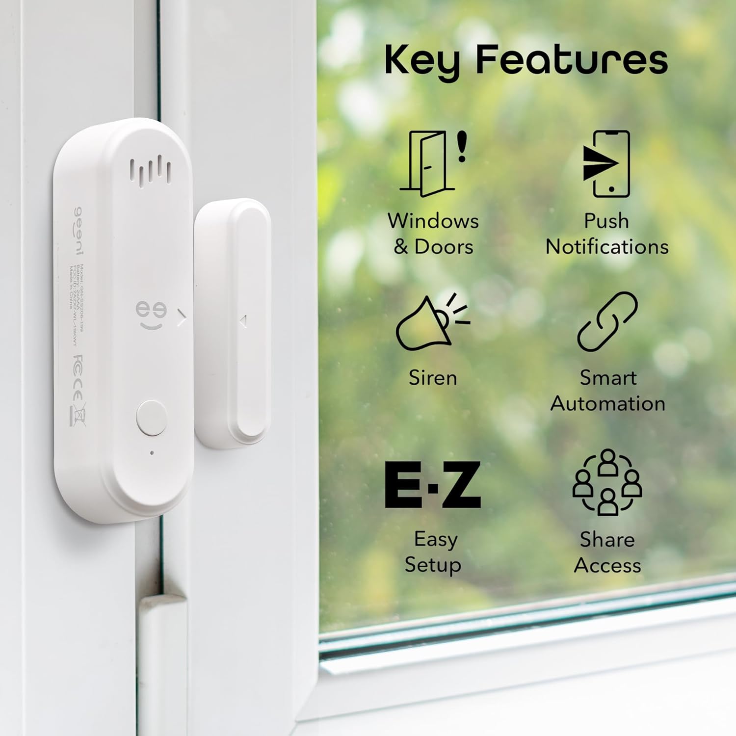 Geeni Smart Door and Window Sensor Alarm 2 Pack WiFi Battery Powered Security Sensor with Siren, Instant Alerts, Alexa & Google Assistant Compatible for Home, Office, Garage