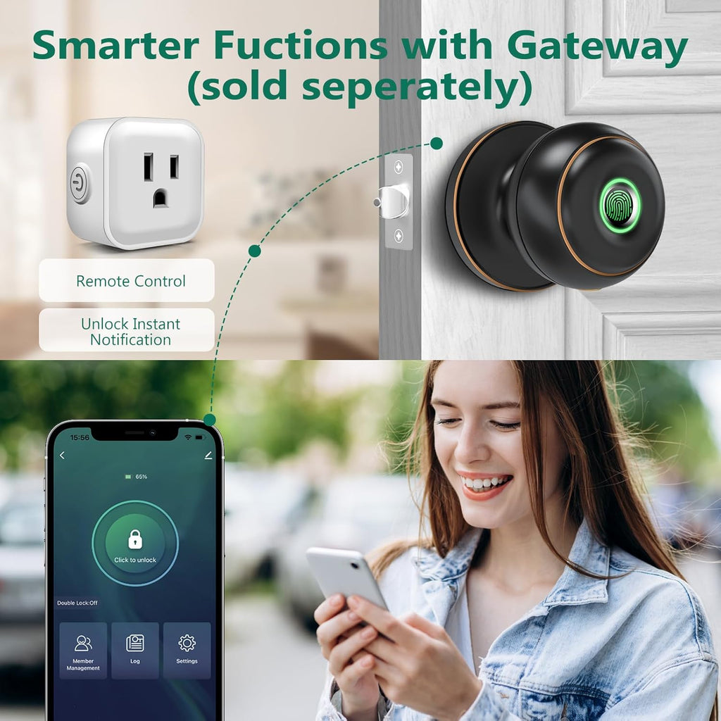 GeekTale Fingerprint Door Lock, Smart Lock with App, Biometric Door Lock, Thumbprint Door Knob, Smart Fingerprint Door Knob for Bedroom, Office, Apartment