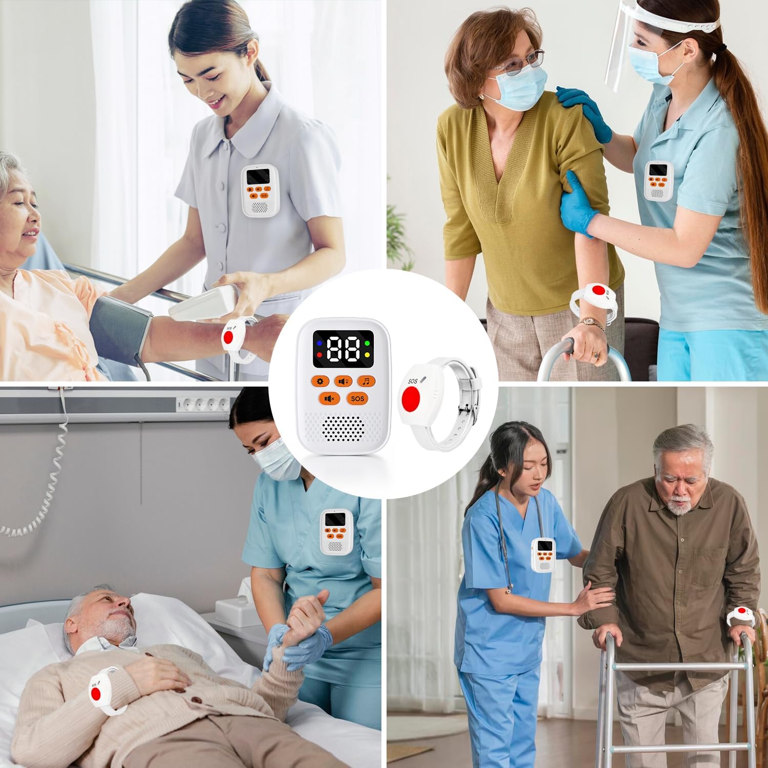 Wireless Caregiver Call Button Alarm, Portable Caregiver Pager for Seniors Patients 1 Bracelet Button & 1 Digital Display Receiver