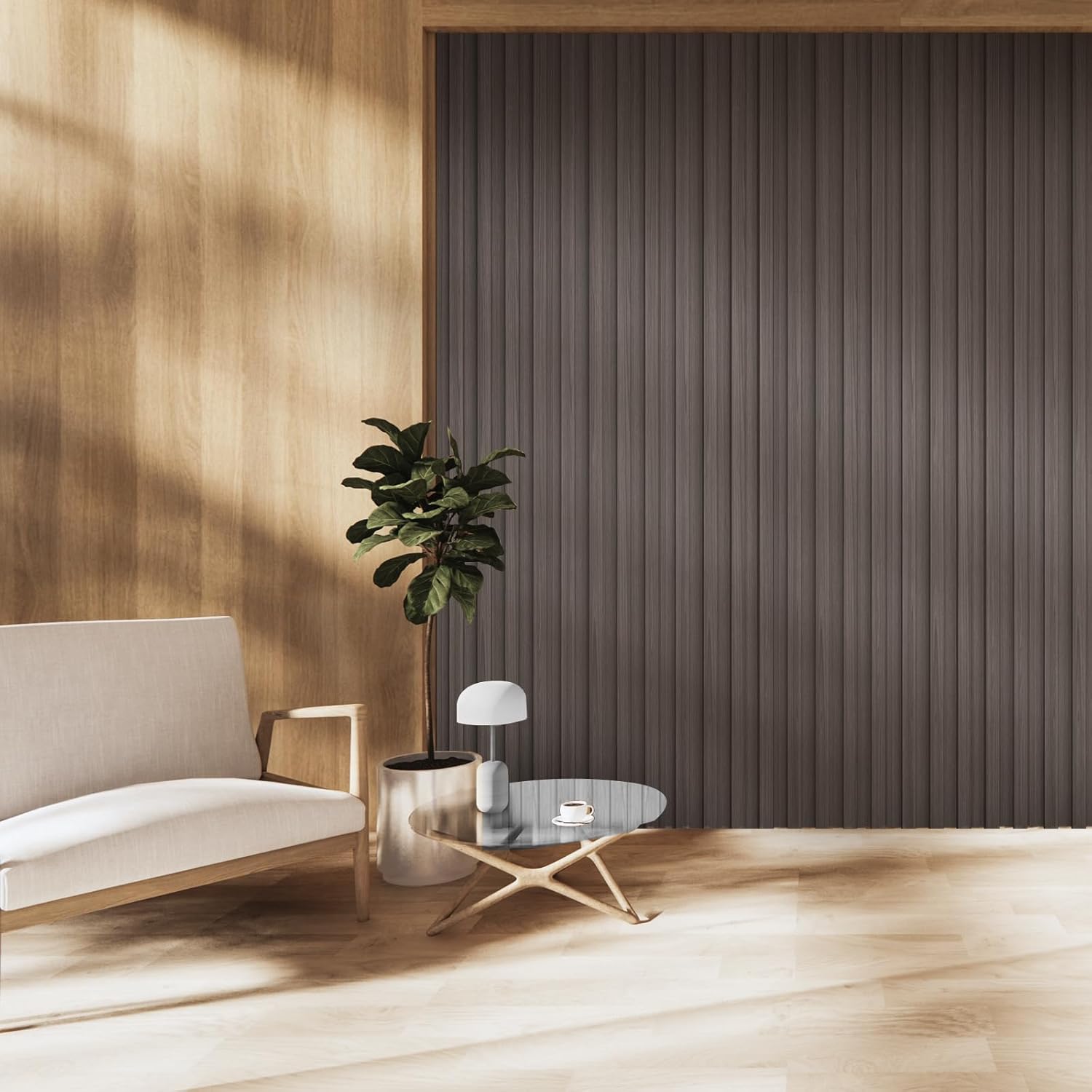 OUZUGIE WPC Acoustic Slat Wall Paneling, 8-Pack 114 x 6 Inches 3D Wall Panels for Interior Wall Decor,Living Room,TV Background,Study Room,Office Spaces,Bedroom,High Grille (Walnut)