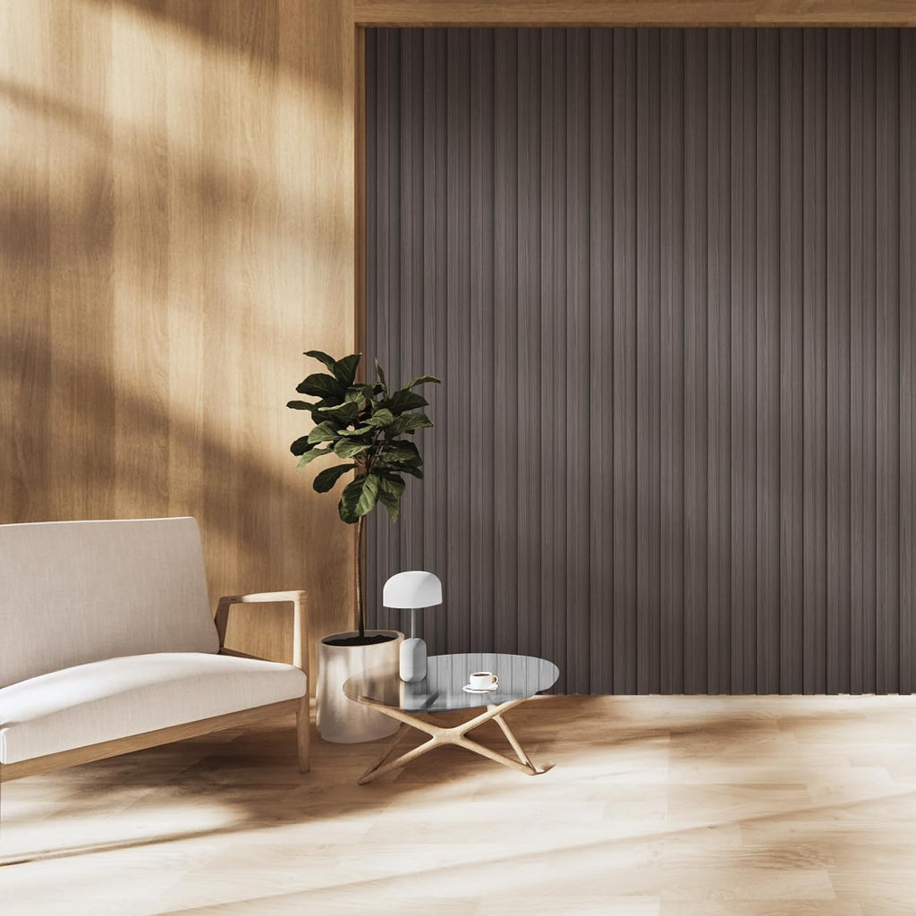 OUZUGIE WPC Acoustic Slat Wall Paneling, 8-Pack 96 x 6 Inches 3D Wall Panels for Interior Wall Decor,Living Room,TV Background,Study Room,Office Spaces,Bedroom,High Grille (Walnut)