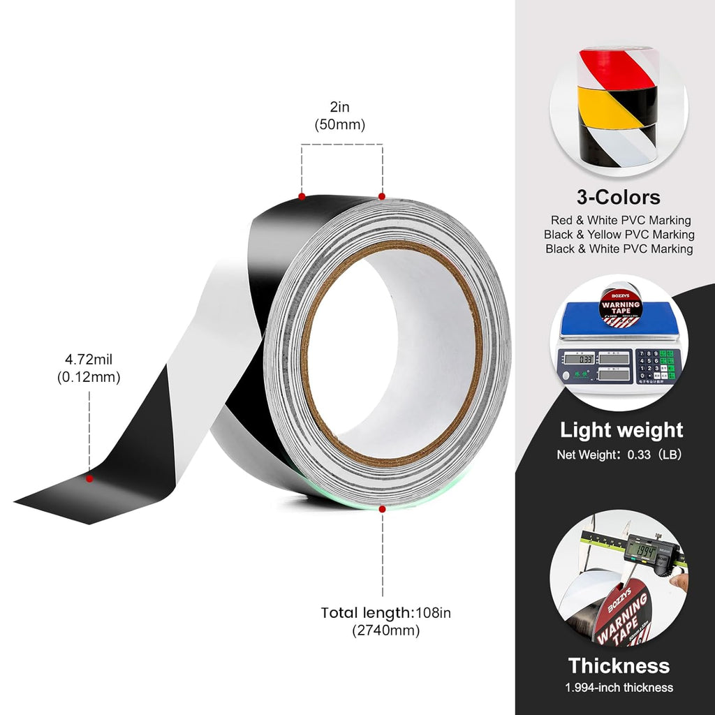Industrial Black & White Caution Tape 2-Pack | 2in x 108ft Floor Marking Tape | Waterproof & Forklift-Proof | Long-Lasting for Warehouse, Factory, Parking