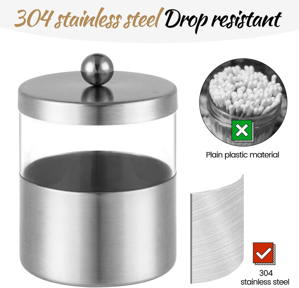 Gaussra Apothecary Jars, Qtip Holder - Brushed Stainless Steel Bathroom Jar with Stickers - Farmhouse Decor Qtip Dispenser for Qtips, Cotton Balls, Swabs, Makeup Sponges (2 Pack, Brushed Nickel)
