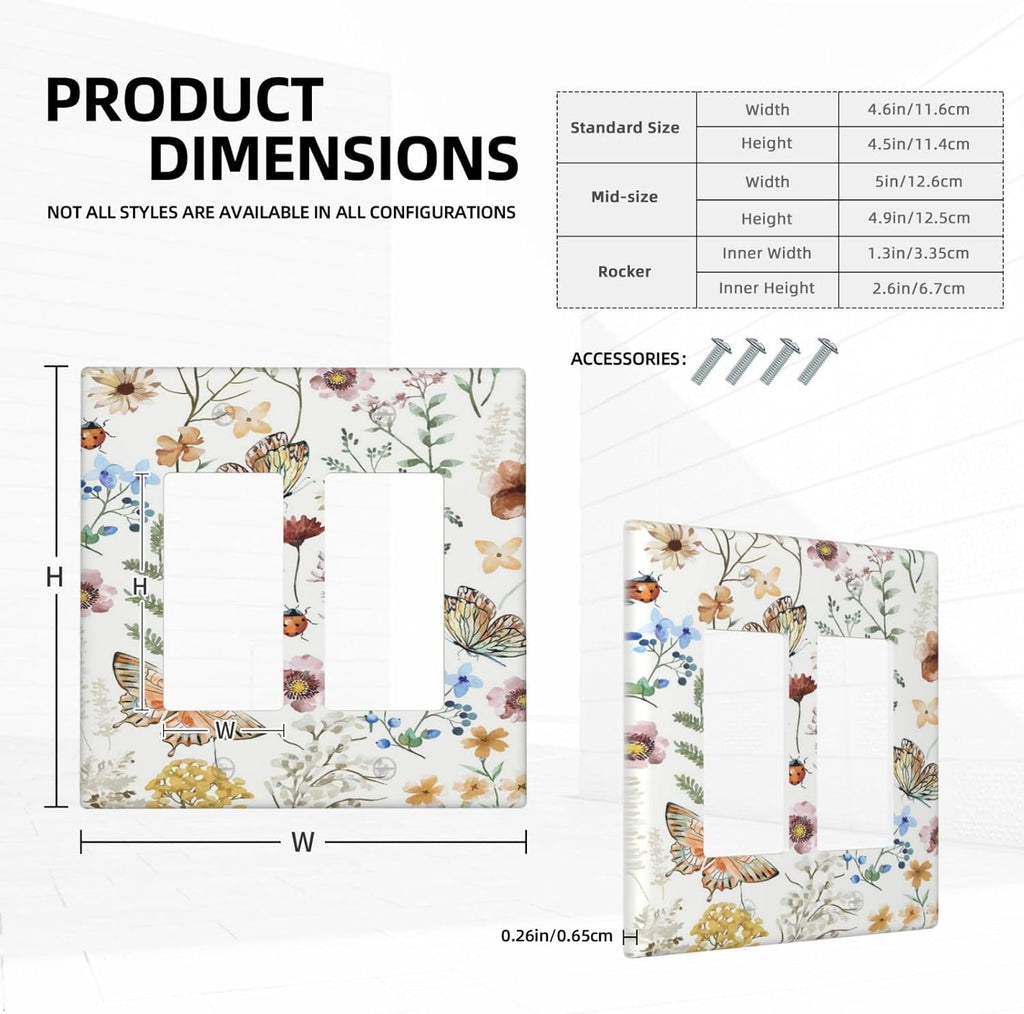 Decorative Outlet Covers Rustic White Butterfly Flowers Leaves 2 Gang Wall Plate Double Rocker Two Switch Wall Cover Plate Light Switch Cover Plate Faceplate for Country Bedroom Decor