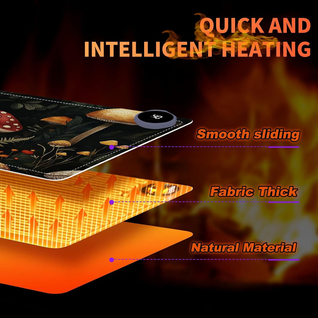 Heated Mouse Pad 23.6 x 14 in 3-Temp Fast Heating Desk Mat with Auto Timer Warmer for Hands Wrist Pain Relief Waterproof Keyboard Mat for Office, Gaming, Home, Mushroom Forest
