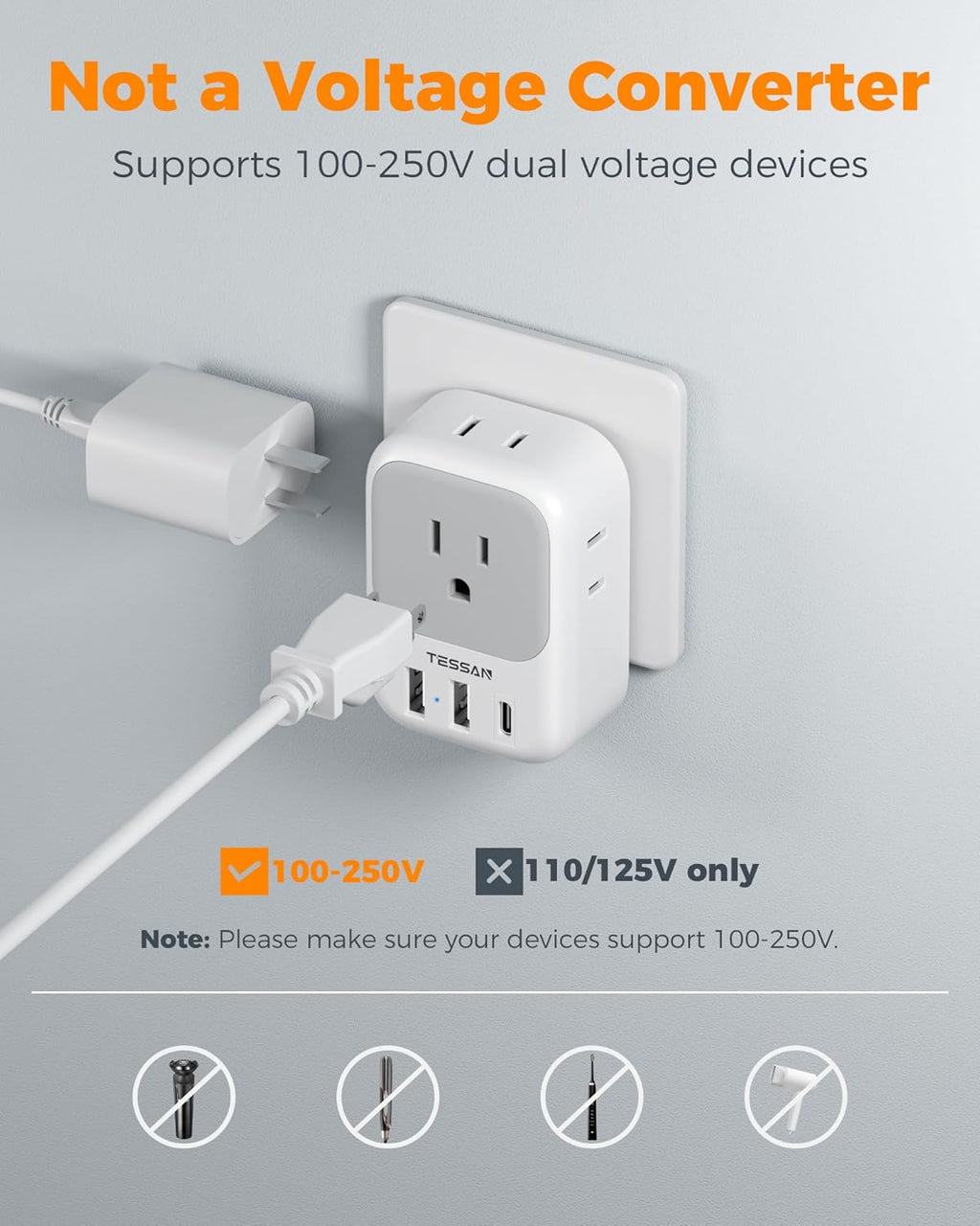 TESSAN Israel Adapter Plug 2 Pack, 7 in 1 US to Israel Power Adapter with 3 USB Ports (1 USB C Port) 4 American Outlets, Type H Travel Adaptor for USA to Jerusalem