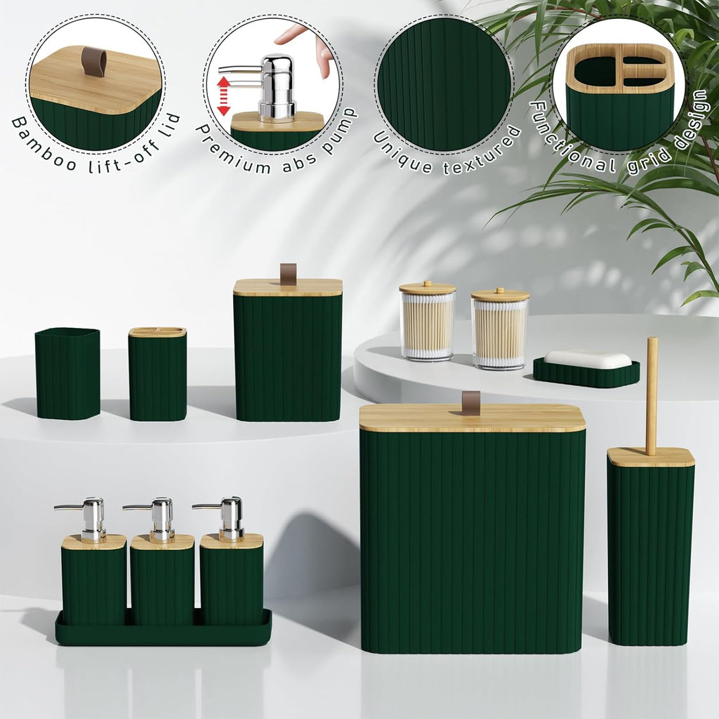 Bathroom Accessory Set - Dark Green Bathroom Set, 12PC Bathroom Accessories Set, Dark Green Bathroom Accessories Set, Mini Trash Can, Toilet Brush, Trash Can & Soap Dispenser