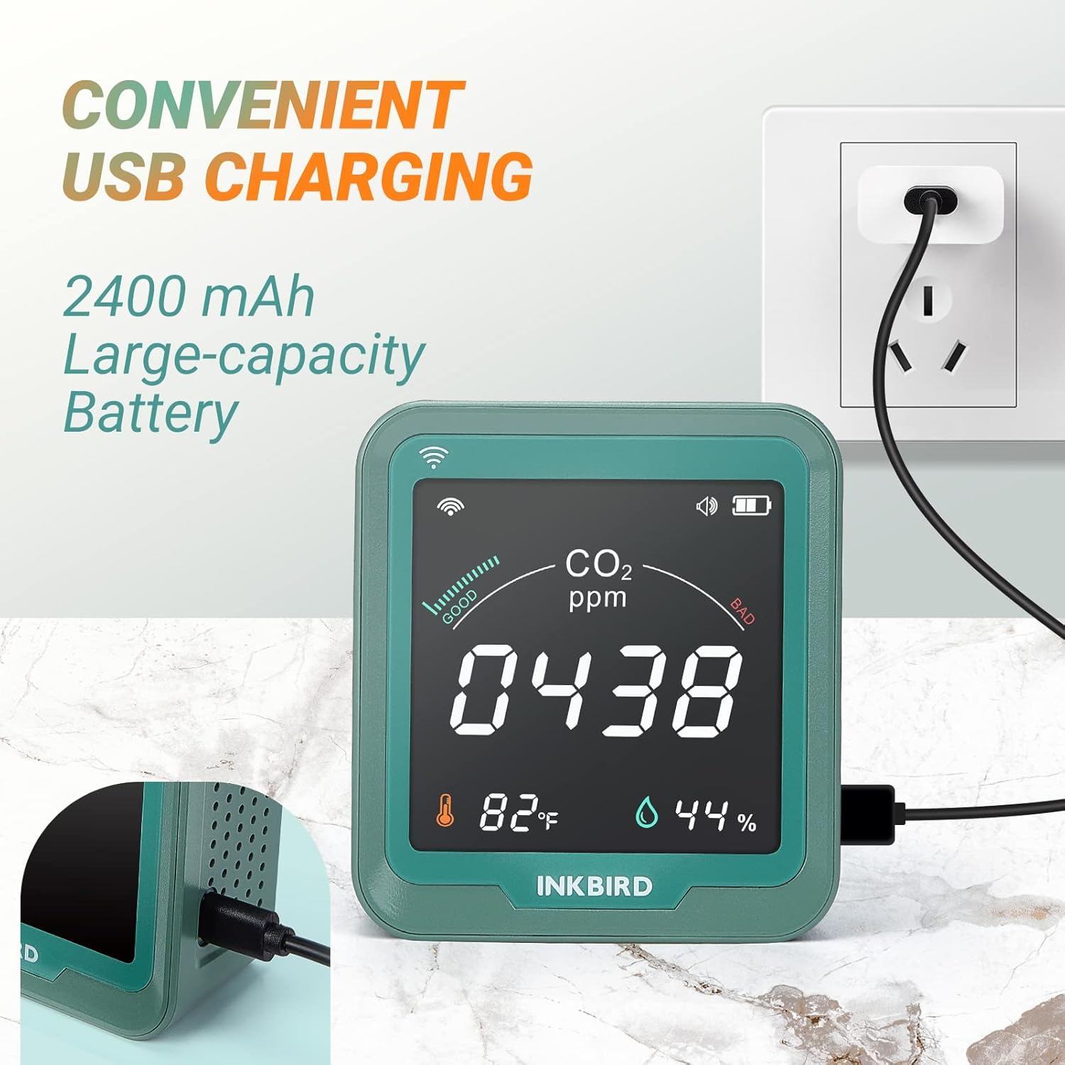 INKBIRD WiFi CO2 Detector Battery Powered | Smart CO2 Monitor NDIR Sensor and Data Logger | Carbon Dioxide & Temperature & Humidity Air Quality Monitor Indoor | for Home, Office, Grow Tent (INK-CO2W)