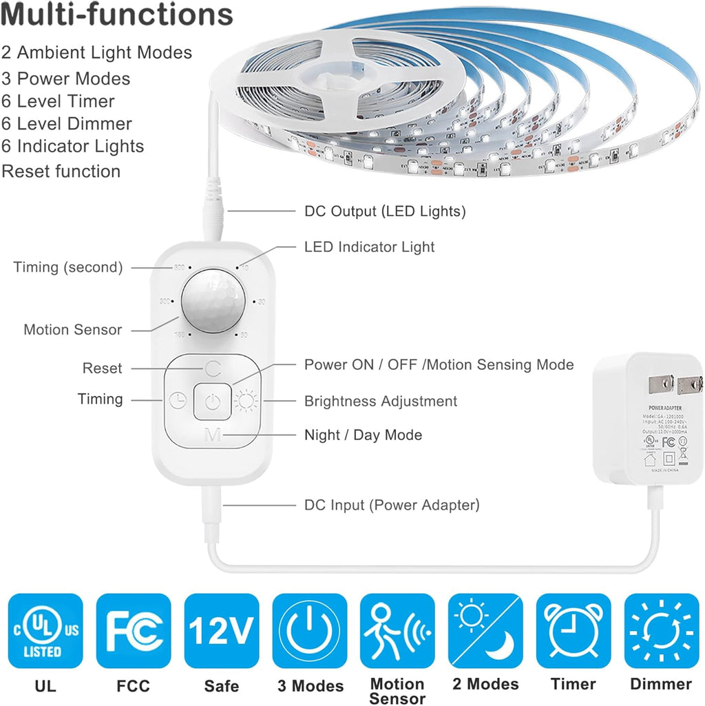 Motion Sensor Lights Indoor Plug-in LED Step Lights Strip with UL FCC Adapter Timer Dimmer Multi-Functional Controller for Stairway Kitchen Cabinet Bedroom Corridor Washroom Counter Shelf Showcase