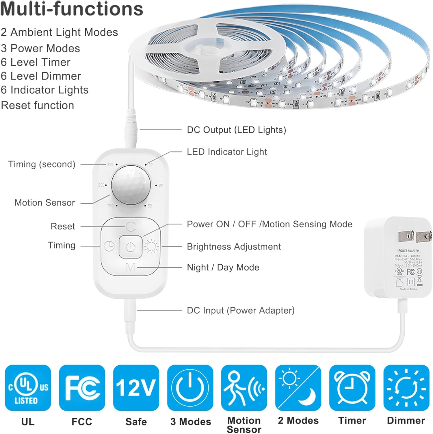 Motion Sensor Lights Indoor Plug-in LED Step Lights Strip with UL FCC Adapter Timer Dimmer Multi-Functional Controller for Stairway Kitchen Cabinet Bedroom Corridor Washroom Counter Shelf Showcase