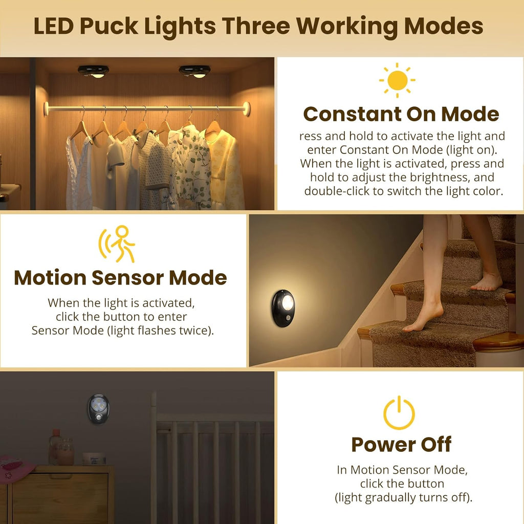 LightingWill Motion Sensor Puck Lights, Dimmable Under Cabinet Light, 3 Color Modes Closet Lights, Rechargeable Wireless Puck Lights for Kitchen, Closet, Stairs (6 Pack)