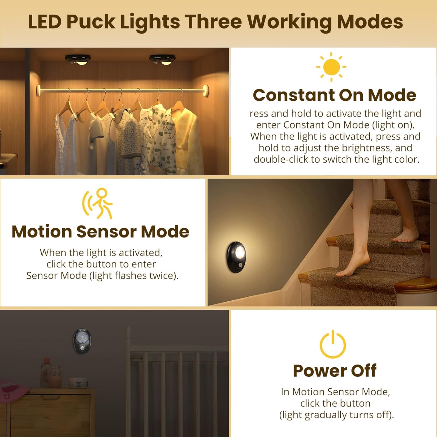 LightingWill Motion Sensor Puck Lights, Dimmable Under Cabinet Light, 3 Color Modes Closet Lights, Rechargeable Wireless Puck Lights for Kitchen, Closet, Stairs (6 Pack)
