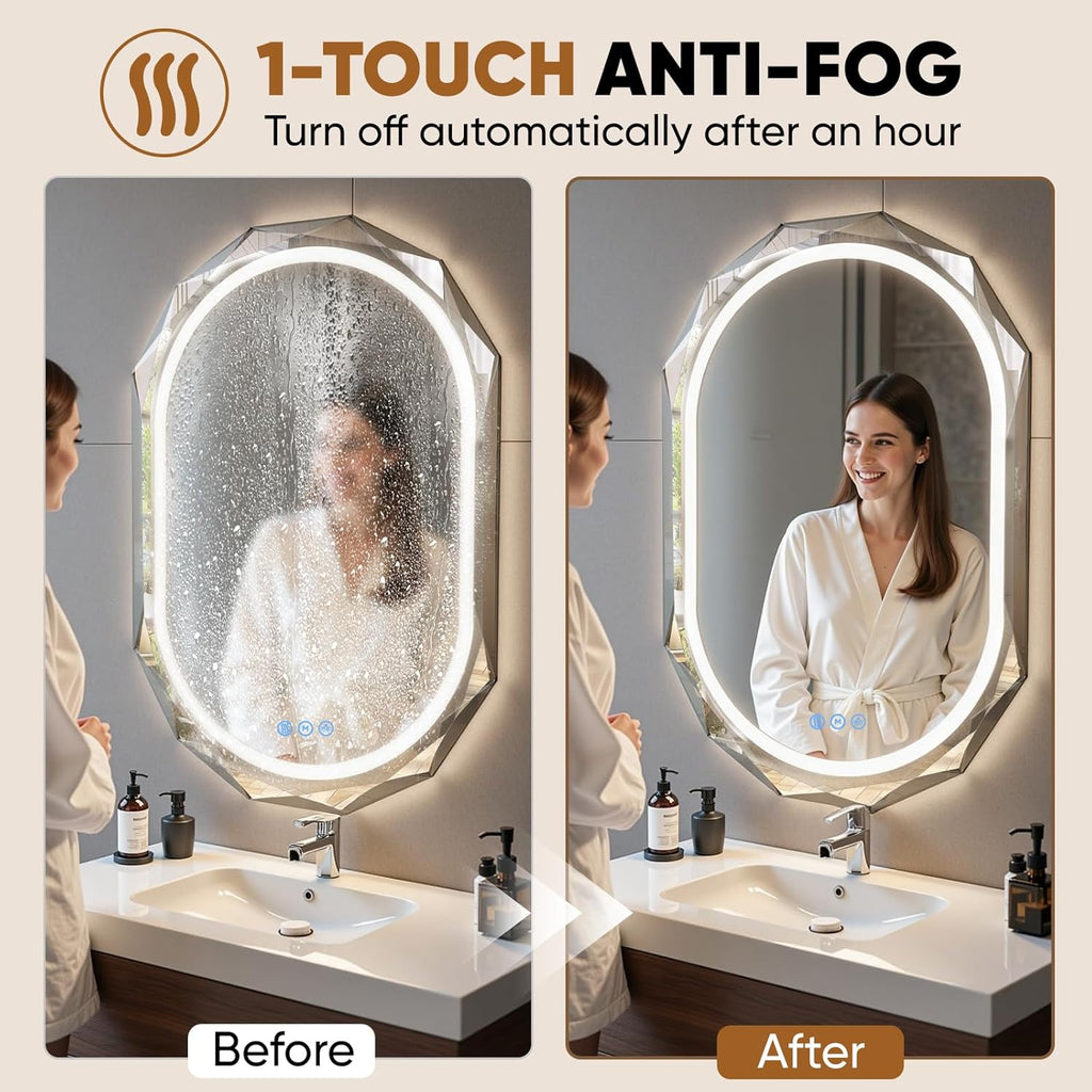 30"X40" Oval LED Bathroom Mirror with Lights, Frameless Vanity LED Mirror for Bathroom with Beveled Edge, Backlit Anti-Fog, Dimmable, 3 Colors, Memory Function, Tempered Glass, Shatter-Proof