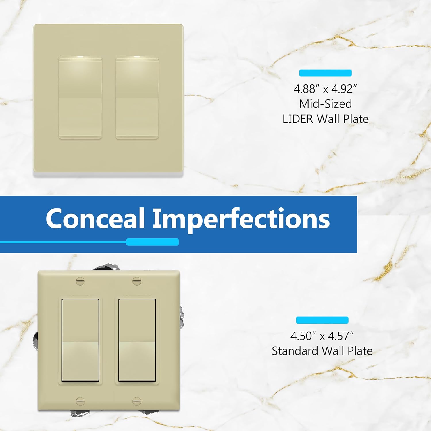 LIDER Matte Finish Double Decorator Switch Cover, Screwless Wall Plate, Mid-Size 2-Gang 4.88" x 4.92", Unbreakable Polycarbonate Thermoplastic, UL Listed, LSWP-32M-I10P, Ivory