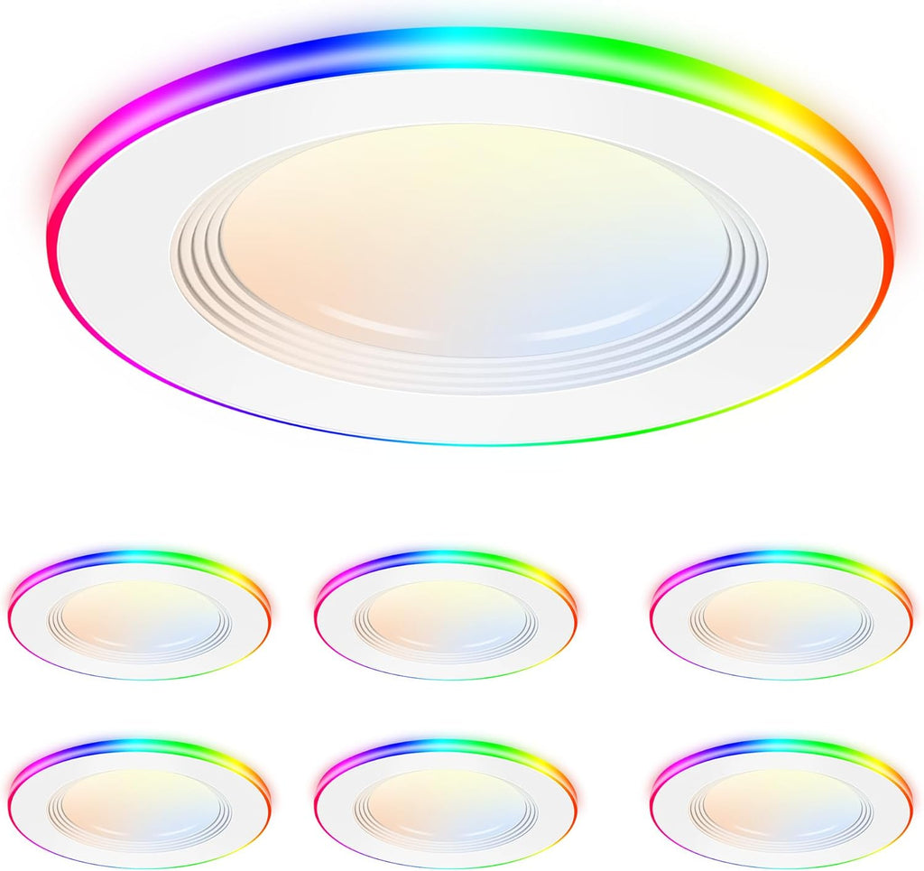 CLOUDY BAY [6 Pack] 4 Inch Smart LED Recessed Ceiling Light with RGB Back Light,Hub Included,10W 2700K-6500K,2W Color Changing Ultra-Thin Recessed Lighting, Baffle Trim Wafer Downlight, Hub Included