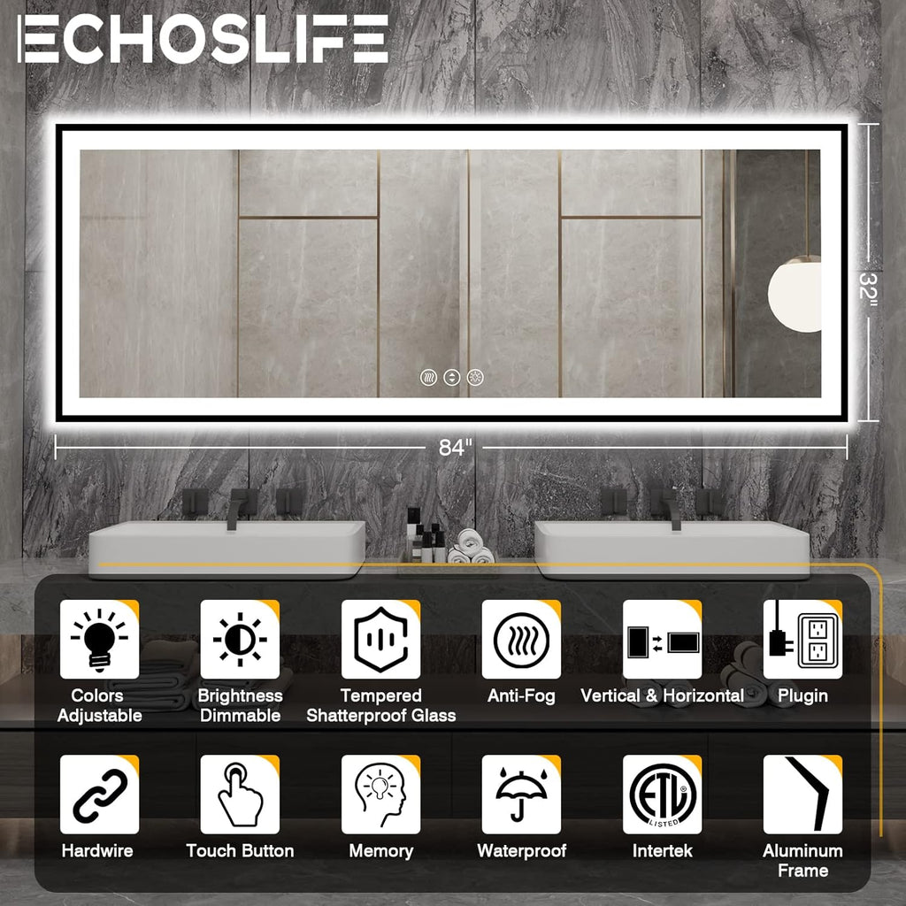 84x32 Large LED Bathroom Mirror - Black Aluminum Framed (Front and Backlit), Anti-Fog Stepless Dimmable 3 Colors Smart Lighted Vanity Mirror for Wall(Horizontal/Vertical)