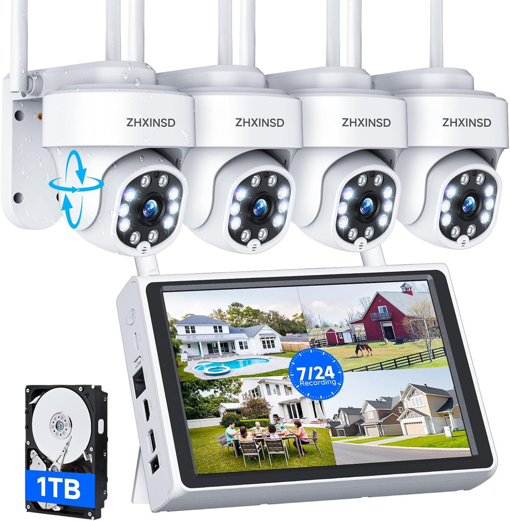 ZHXISND 5MP 10CH Home Security Camera System Outdoor, 5G/2.4G WiFi 4K Surveillance 10" Monitor with 1TB HDD for 24/7 Recording, Auto-Tracking, Color Night Vision, DC Power Plug-in, 0 Monthly Fee
