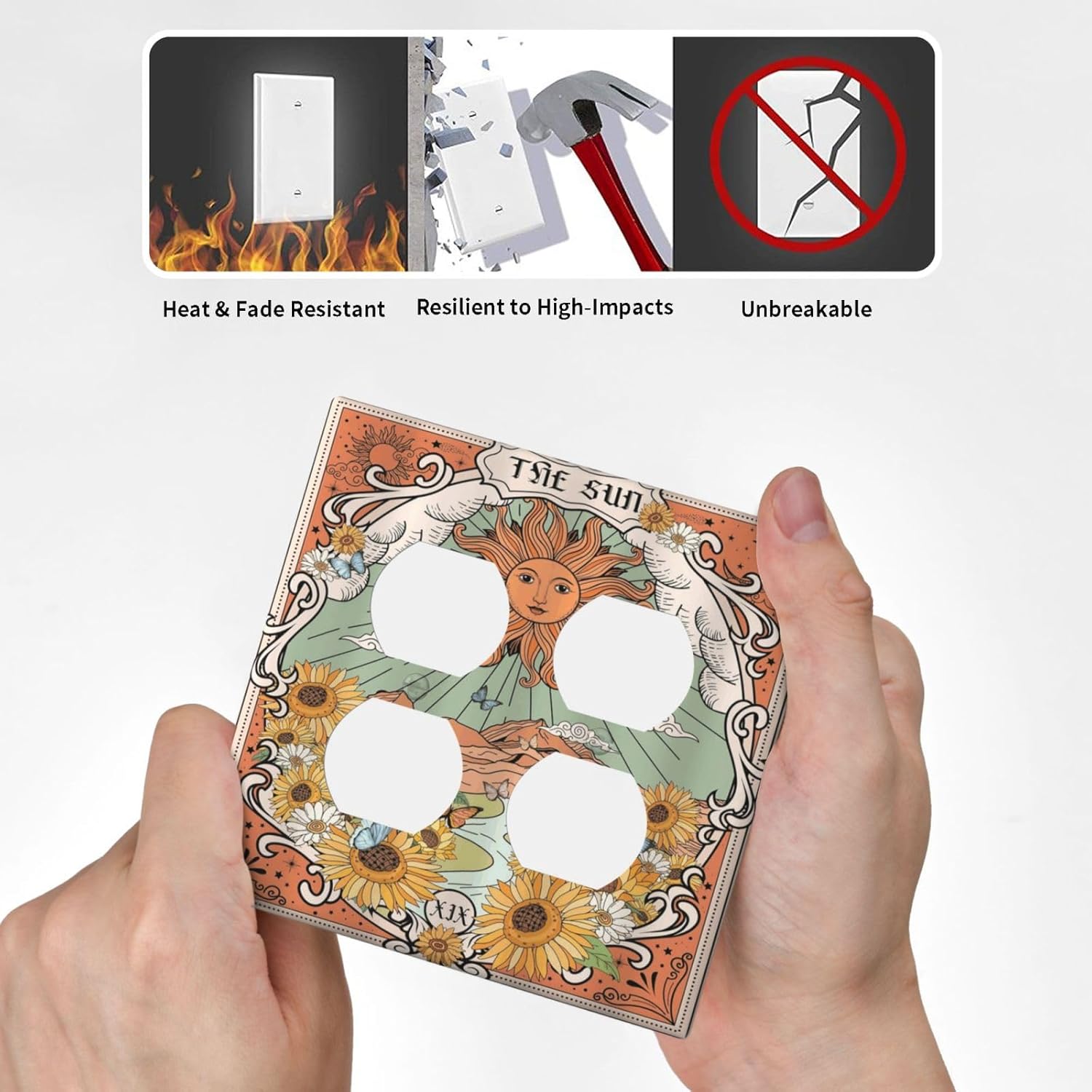 Boho Retro Sun Sunflower Vintage Flower Butterfly Outlet Covers 2 Gang Double Duplex Decorative Light Switch Covers Electrical Wallplates Socket Faceplate for Farmhouse Home Decor