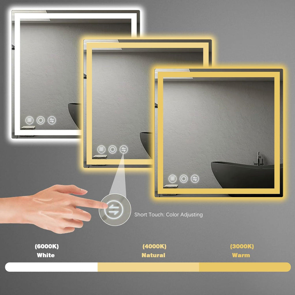 LED Bathroom Mirror 24"x 24" with Frontlit and Backlit, Anti-Fog Bathroom Vanity Mirror,Stepless 3 Colors Temperature & Dimmable Wall Mounted Mirror,Memory Tempered Glass Mirror for Bathroom