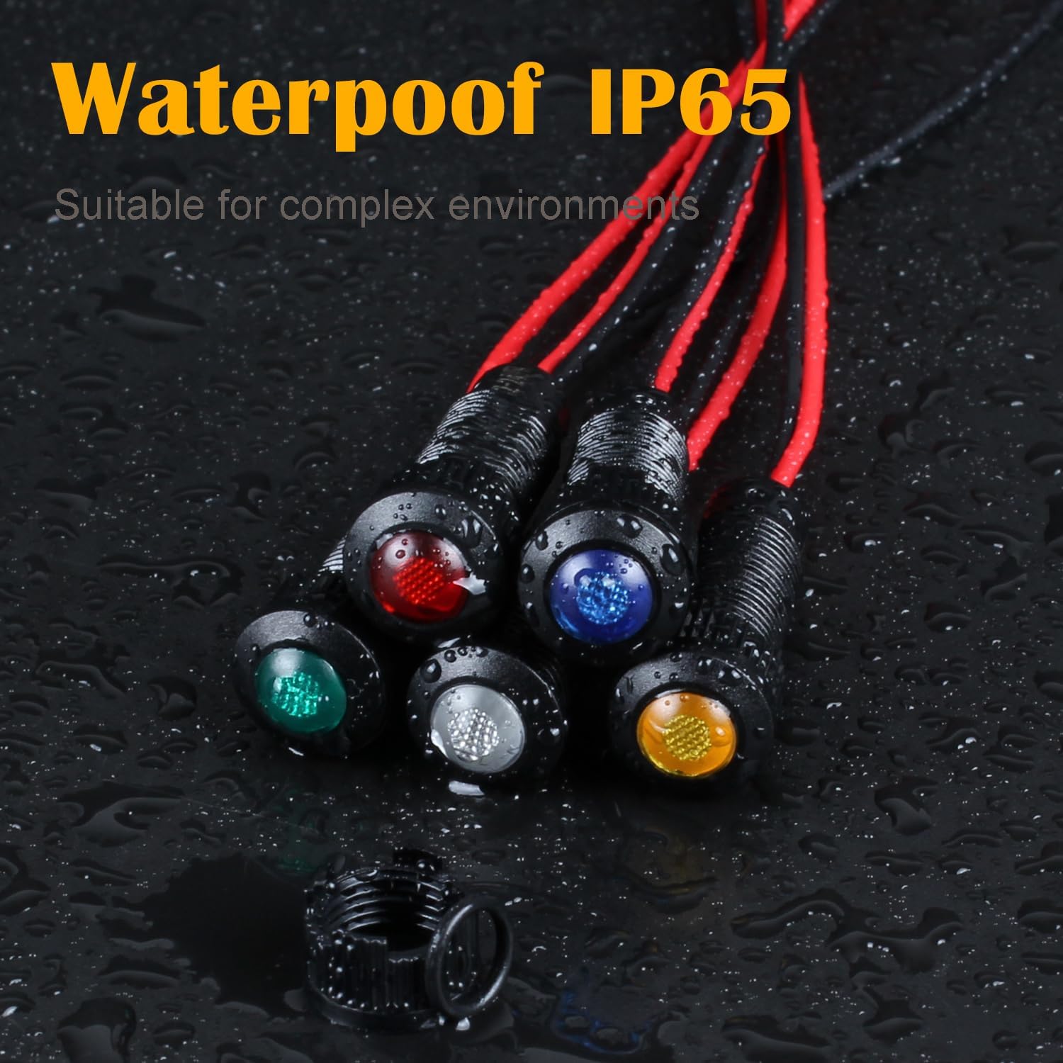 5pcs 8mm LED Indicator Light Plastic Black Signal Dot Lamp 12V-24V 5/16" Mounting Hole Size with 15cm/5.9in. Wire (Red LED)