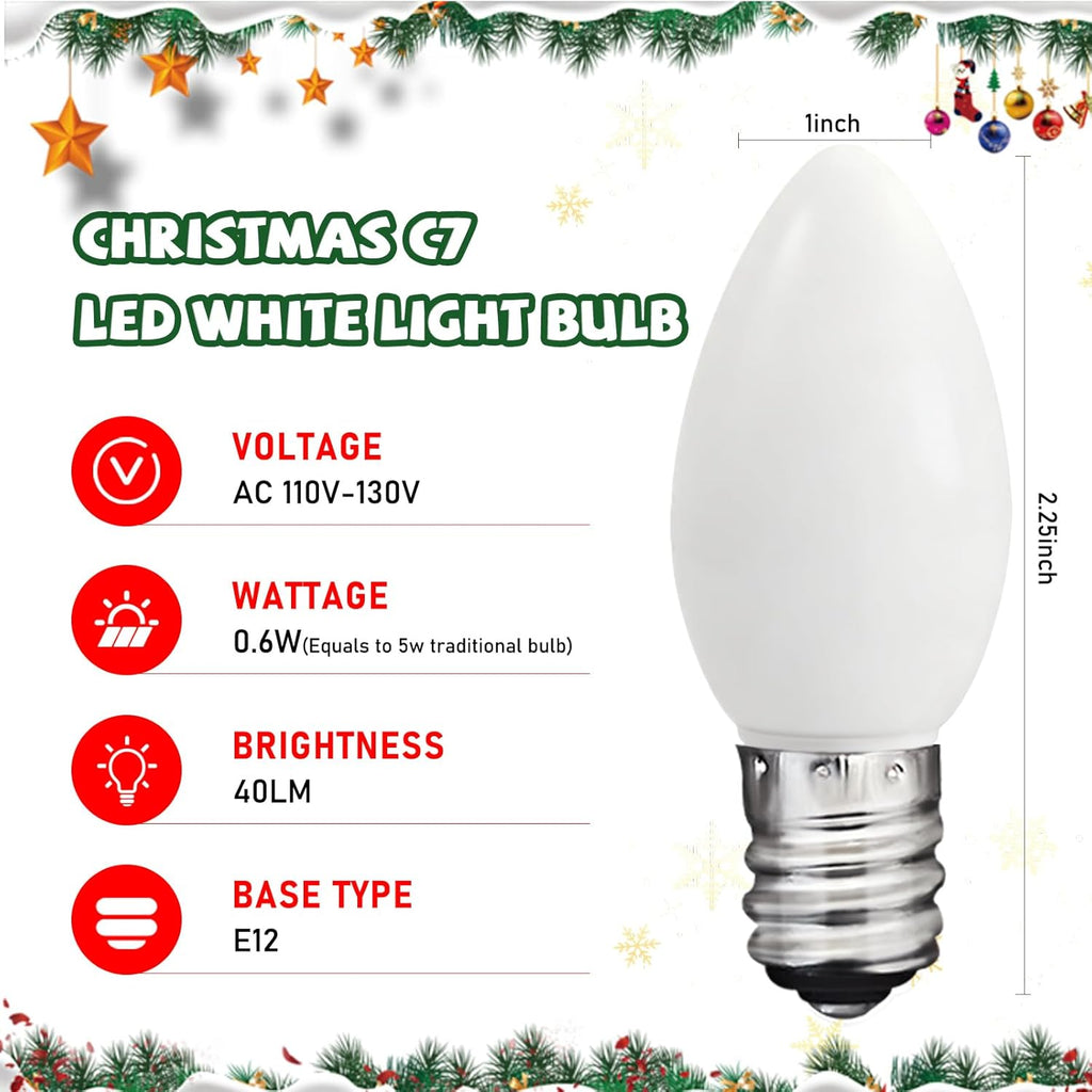 C7 LED White Replacement Bulbs,25 Pack 0.6w White Christmas Light Replacement Bulbs With E12 Base,Warm White Light Bulbs For Candelabra Window Candle Chandelier Night Lights Christmas String Lights