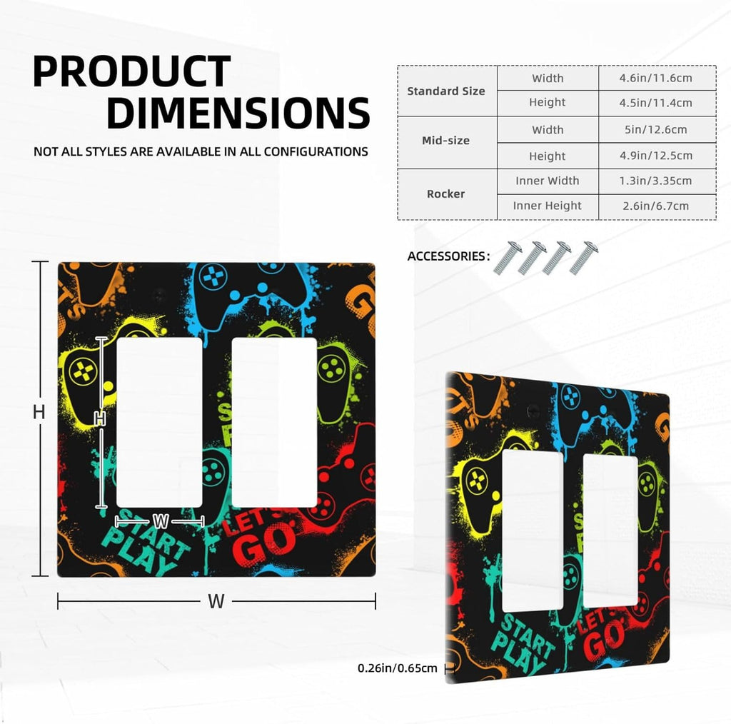 Decorative Outlet Covers Gamepad Theme Graffiti 2 Gang Light Switch Cover Plate Double Rocker Wall Plate Switch Plate Covers Faceplate for Game Room Bedroom Decor （2 Pack）