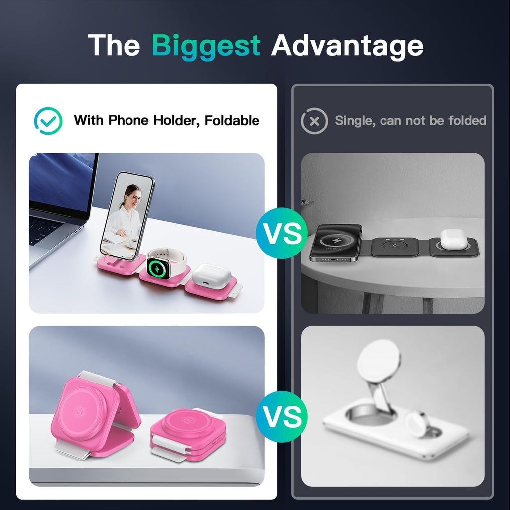 JARGOU 3 in 1 Magnetic Wireless Charger, Fast Charging Station for iPhone 16/15/14/13/12 Series, Travel Charger for Multiple Devices for AirPods 4/3/2/Pro, Charging Stand for Apple Watch Series (Pink)