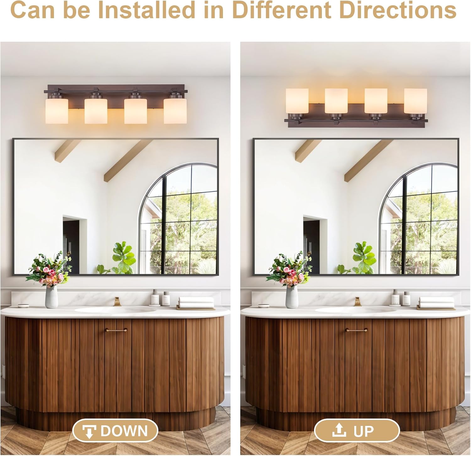 4 Light Modern Bathroom Light Fixtures Over Mirror, Bronze Finish Vanity Lights for Bathroom Wall Sconces with Milky White Glass Shades, E26 Socket (Bulbs Not Included)