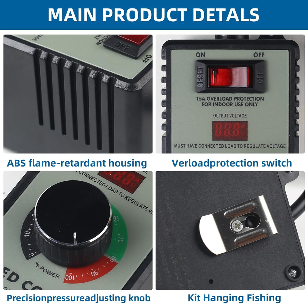 Versatile AC Motor Speed Controller - 100V-120V, 15A Max - Electric Fan Speed Regulator with Overload Protection, Electronic Voltage Regulation, and Voltage LED Display