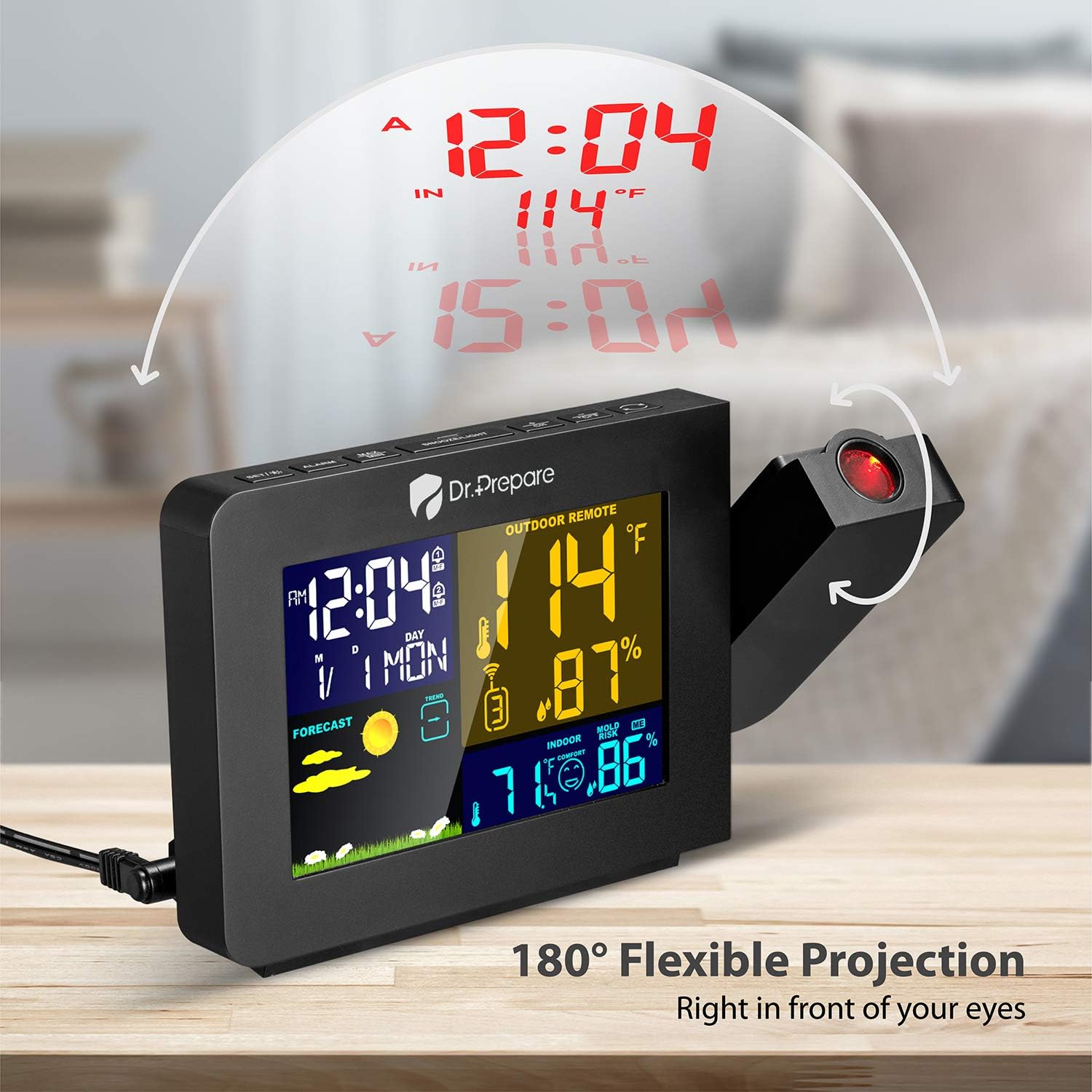 DR.PREPARE Projection Alarm Clock, Indoor Outdoor Temperature Display, Dual Alarms, Snooze, Weather Forecast, Digital Clock Projector for Bedroom