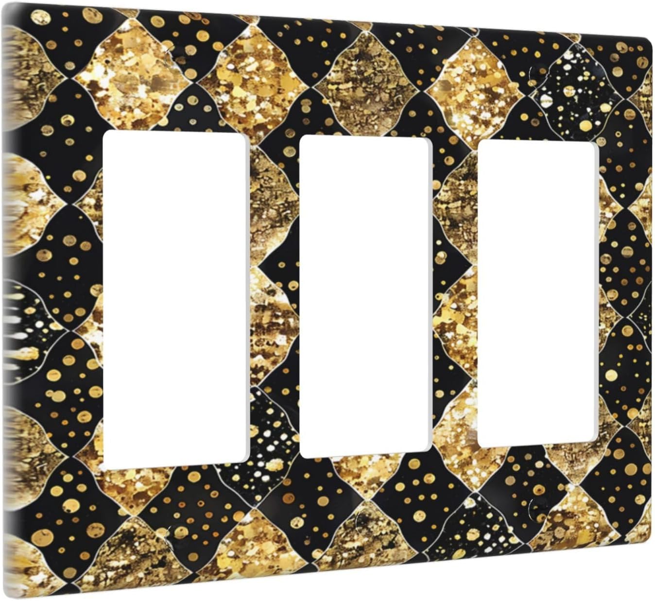 Gold Black Marble Geometric Plaid Glitter Light Switch Covers 3 Gang Rocker Decorative Triple Outlet Wall Plate Cover Electrical GFCI Switchplate for Bedroom Bathroom Decor