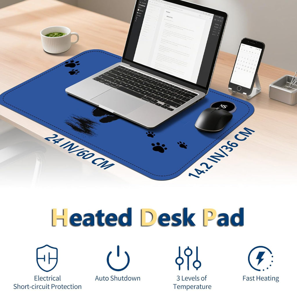Heated Mouse Pad with 3 Temperature Settings(104°F–122°F),Large 24x14.2 Inch PU Leather Heated Desk Mat,Waterproof Warming Pad for Office,Gaming & Cold Hands Relief,Cute Black Cat