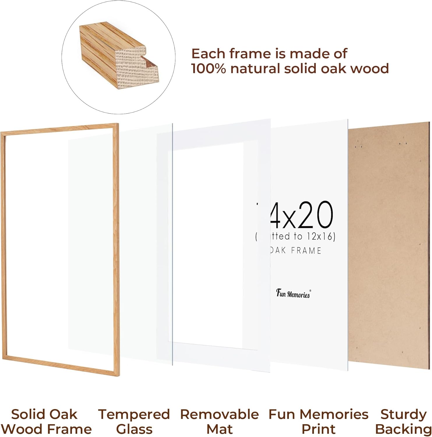 Fun Memories 14x20 Picture Frame, Solid Oak Wooden 14"x20" Photo Frame for Wall, 14 x 20 Frame Matted to 12 x 16, Tempered Real Glass, 14 x 20 Collage Gallery Frames (Natural Oak Color, 1 Pack)